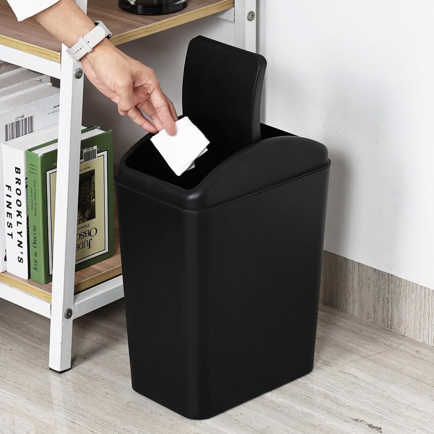 16 L/4 Gallon Black Plastic Garbage Bin, Slim Trash Can with Swing Lid, 1 Pack