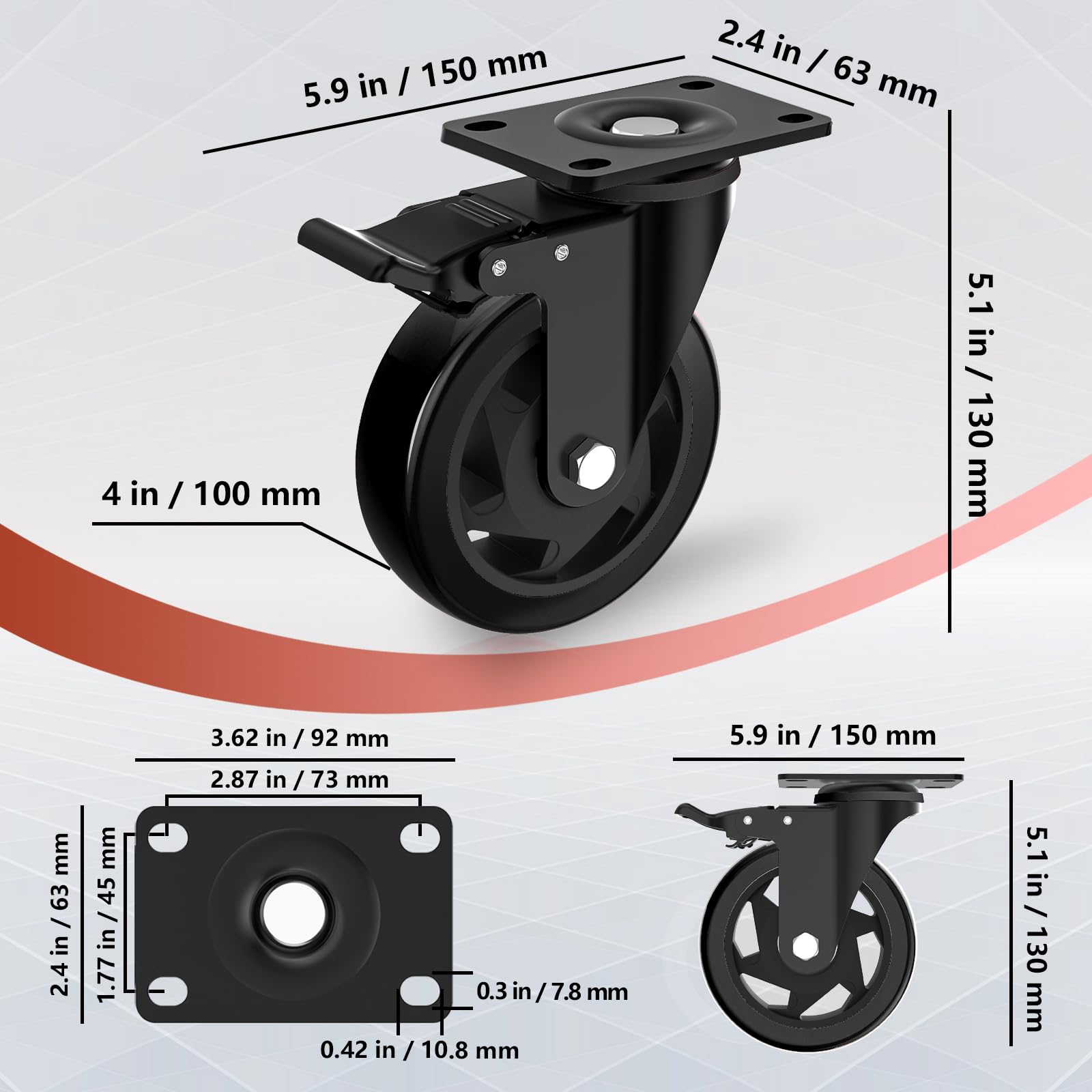 Ruedas giratorias de 4 pulgadas, juego de 4 ruedas giratorias, ruedas giratorias de alta resistencia con freno de 2200 libras, ruedas giratorias industriales con placa superior giratoria con bloqueo