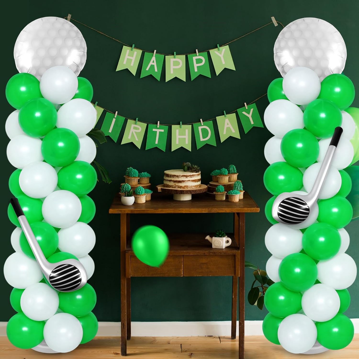 Soulchen 2 Set Golf Hole in One Balloon Column Stand Kit with Inflatable Blow up Balloons for Golf Birthday Party Clubs Decorations Sports Party Supplies(Green White)