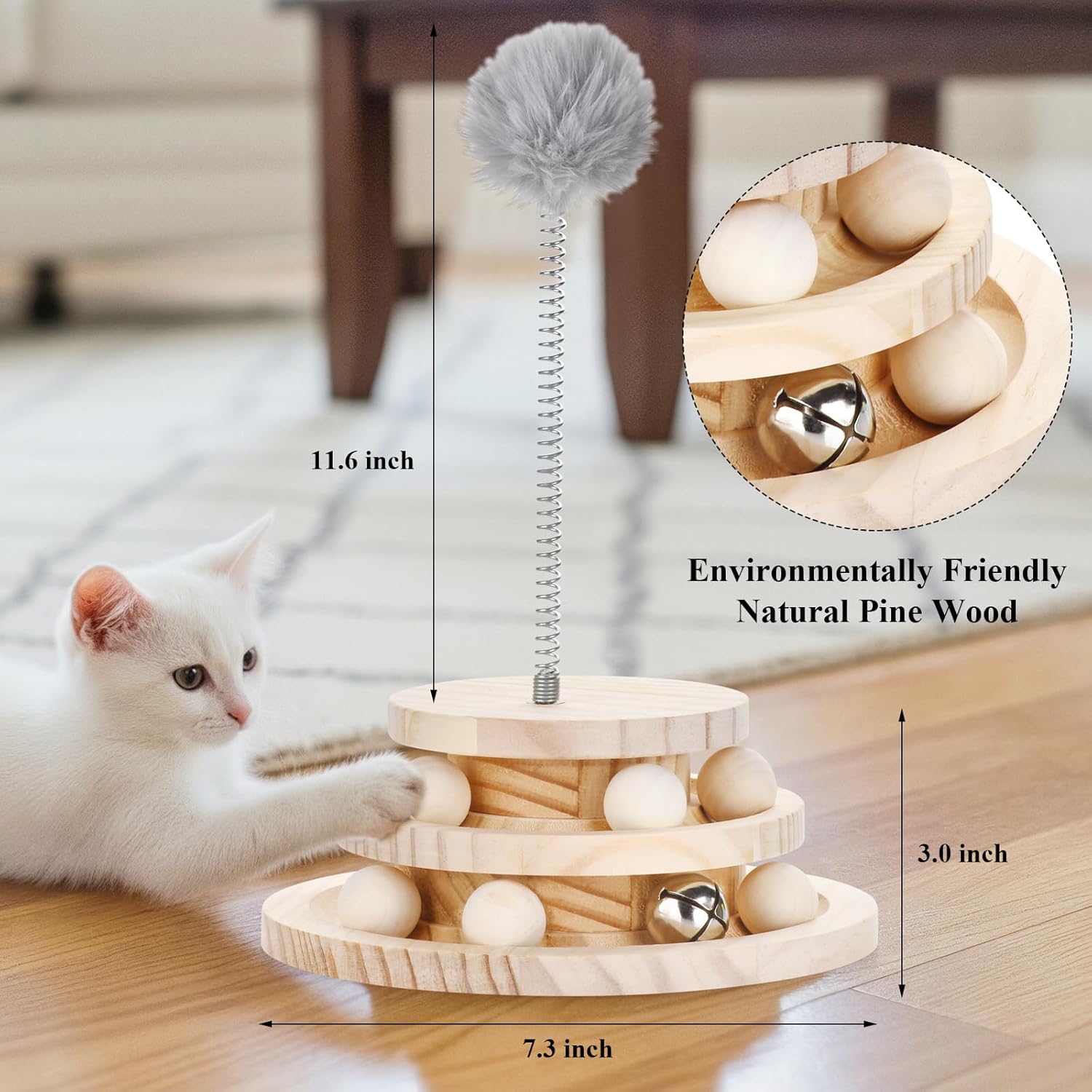 2-in-1 Wooden cat Toy Tower with Spring cat Toy Stick, Indoor Interactive Track Ball for Kittens+Bell Toy - Puzzle Solving, Exercise and Play