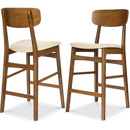 Best Choice Products Bar Stool Set of 2, Modern Farmhouse Counter Height Stools w/Upholstered Cushioned Seat, Wooden Curved Backrest - Walnut/Cream