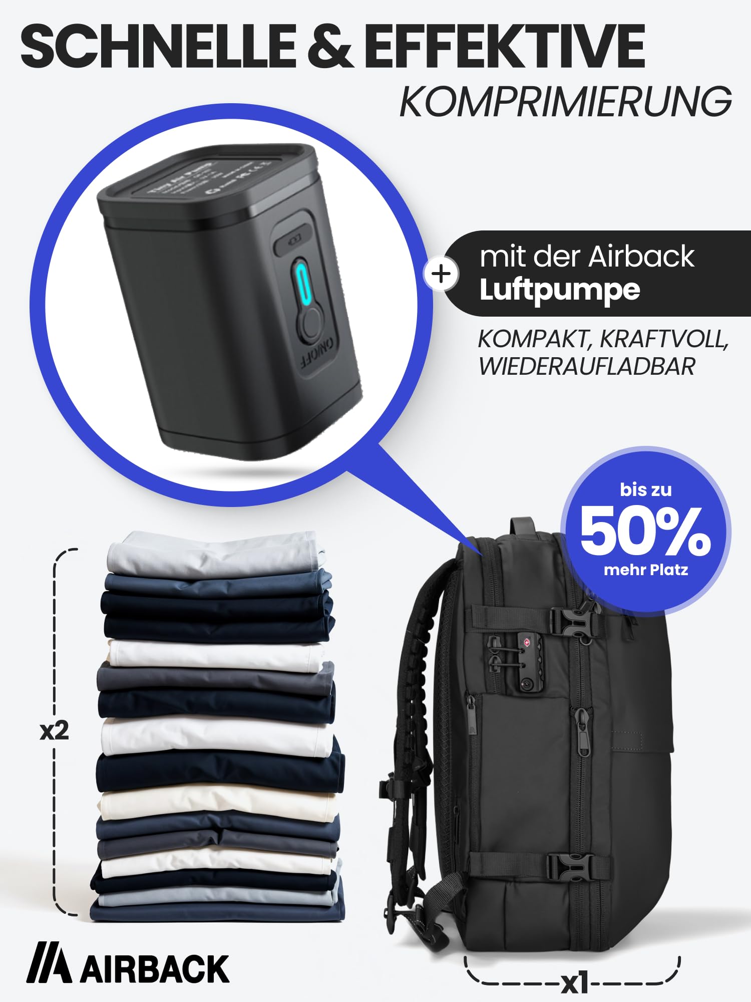Airback Winzige Luftpumpe, tragbare elektrische Pumpe mit LED-Anzeige, Passend für alle unsere Rucksäcke, Mini Airpump, Schwarz