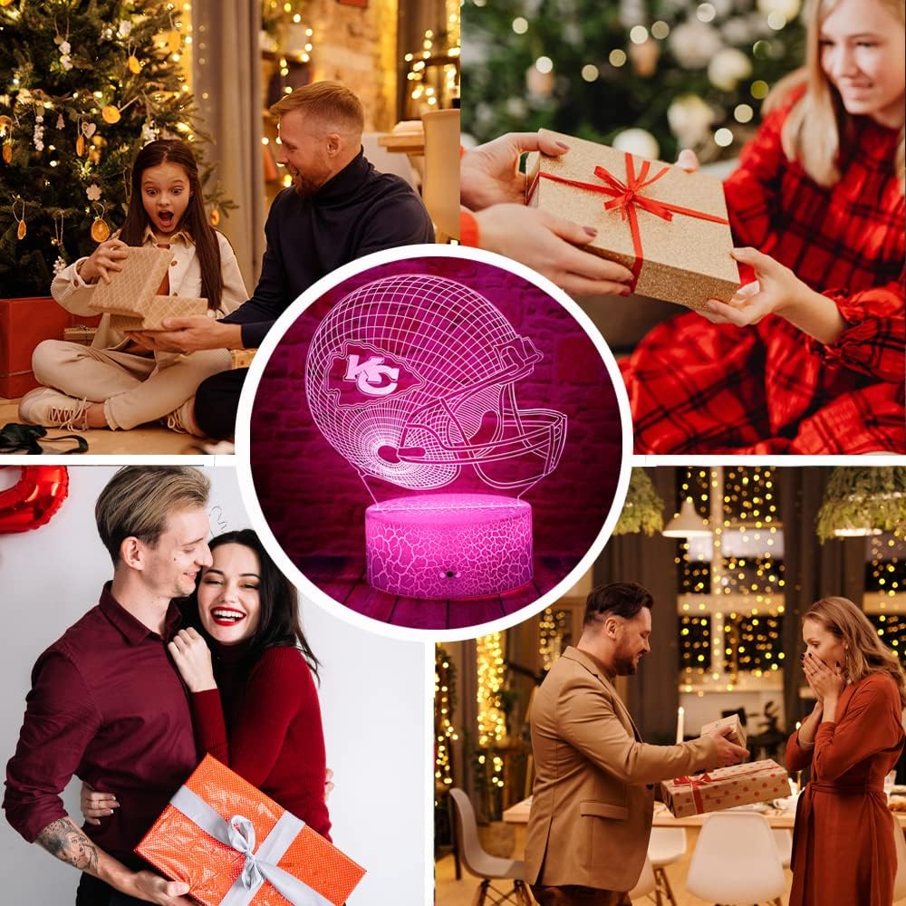 Cute Chiefs Football Helmet 3D Optical Illusion LED Bedroom Decor Sleep Table Lamp with Remote 7 Colors Acrylic Visual Night Light Birthday Christmas Gifts for Kids KC Men Women