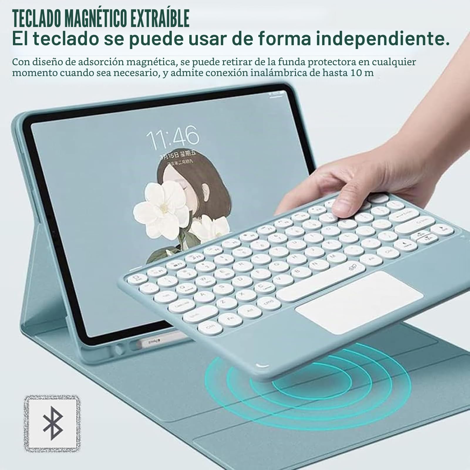 Funda con Teclado para iPad Mini 6.ª Generación 8,3 Pulgadas 2021, Teclas Redondas, QWERTY Español Ñ Teclado Inalámbrico Bluetooth Desmontable con Trackpad, Ratón y Ranura para Lápiz, Negro