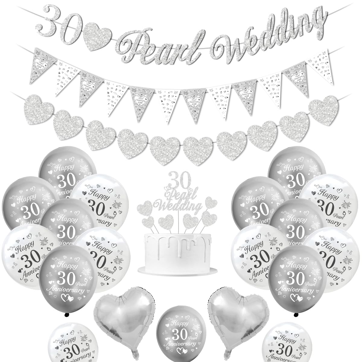 Decoraciones boda perla, decoraciones aniversario boda 30 pancarta boda perla 30 Globos Happy 30th Anniversary Globos blancos plateados Globos corazón 30 Pearl Wedding Cake Topper