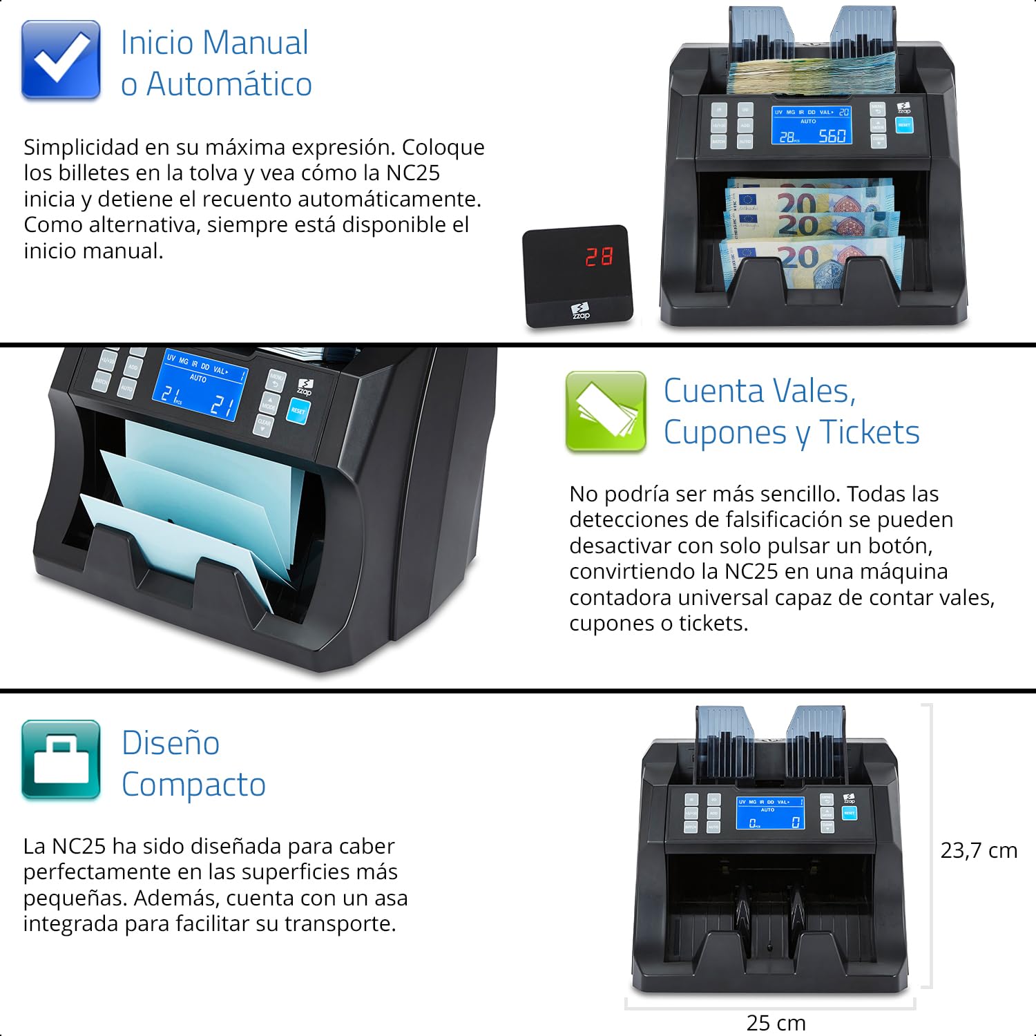 ZZap NC25 Contadora de billetes y detector de falsificaciones – Máquina de efectivo y divisas