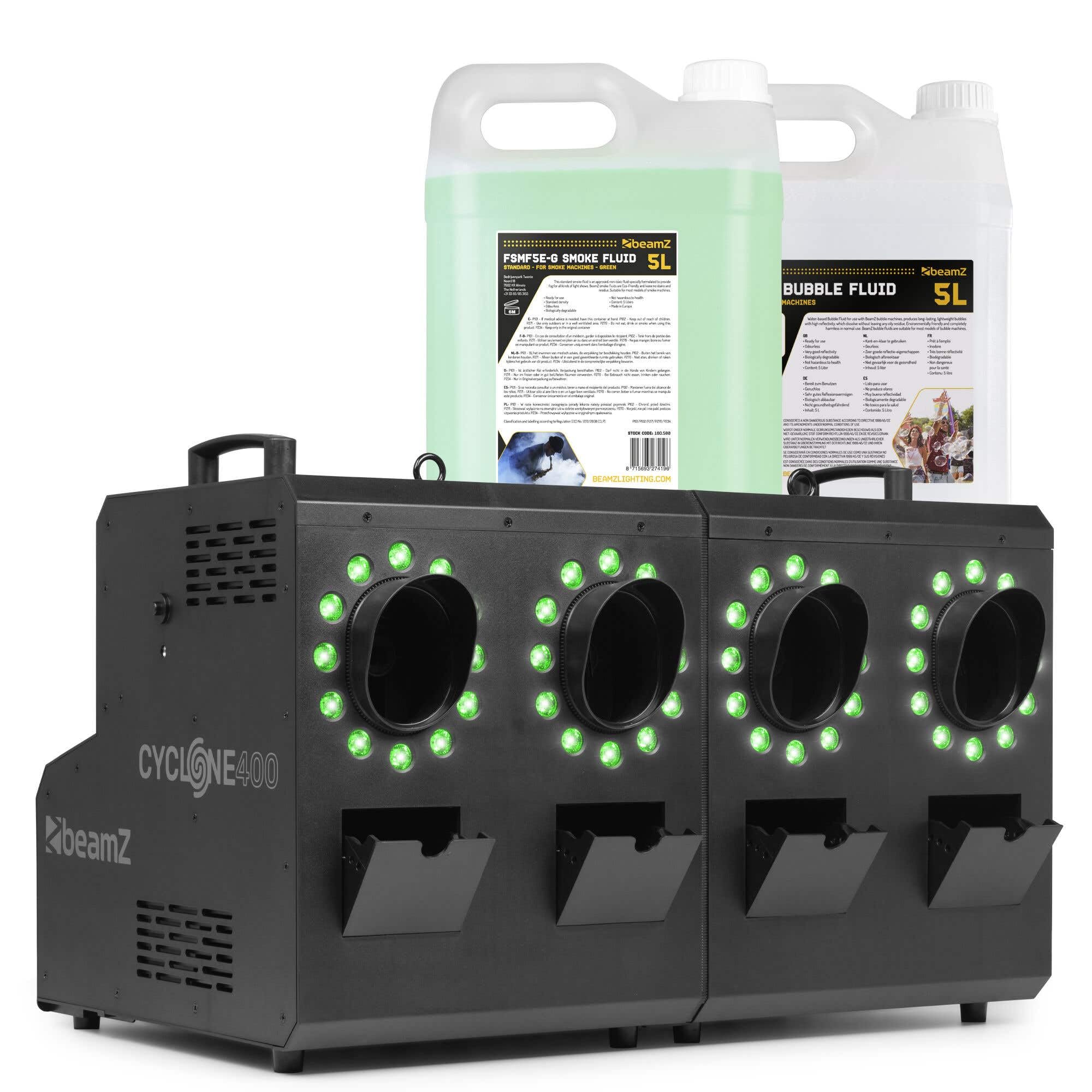 BeamZ Cyclone400 Seifenblasenmaschine mit Nebel & LED mit 10 Liter Fluid – Nebelmaschine mit 24 RGBW LEDs – Smoke Bubble Machine, DMX & Fernbedienung, Seifenblasen Maschine für Partys & Events
