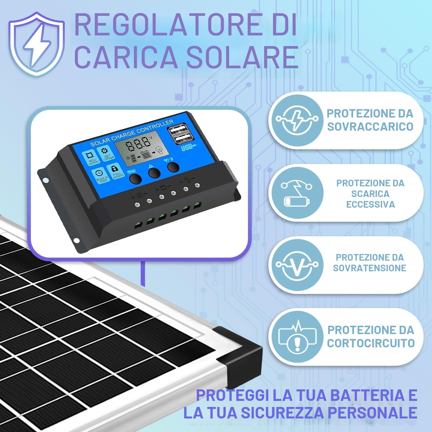 Kit pannello solare da 20 W, 12 V/24 V, caricabatterie per regolatore di carica PWM da 10 A + cavo di prolunga