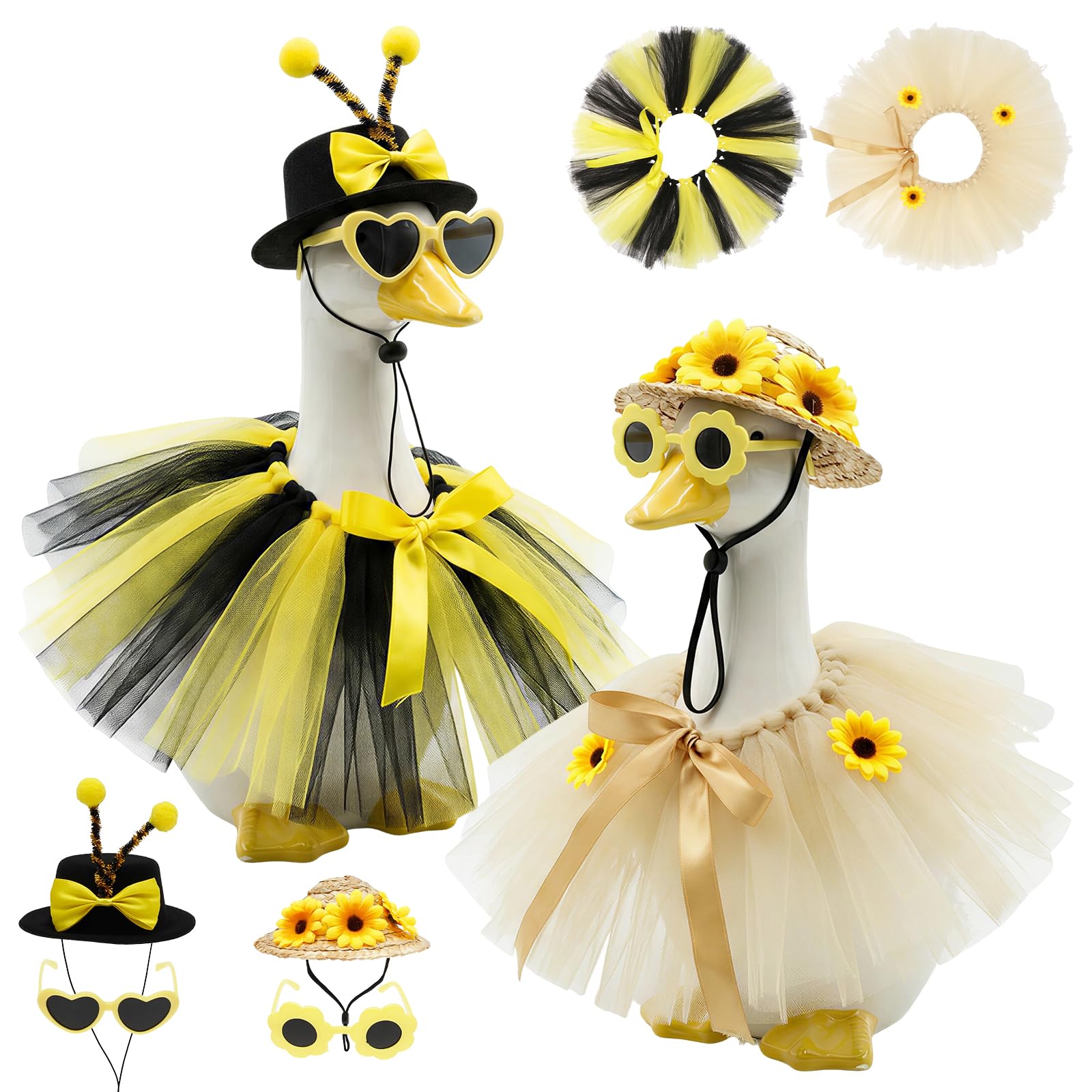 MENIBBLER 2 Sets Porch Goose Outfit Set, Spring Bee and Sunflower Themed Cement Goose Statue Dress Up Costume Garden Statue Tulle Skirt Clothing with Hat and Sunglasses for Outdoor Yard Lawn Decor