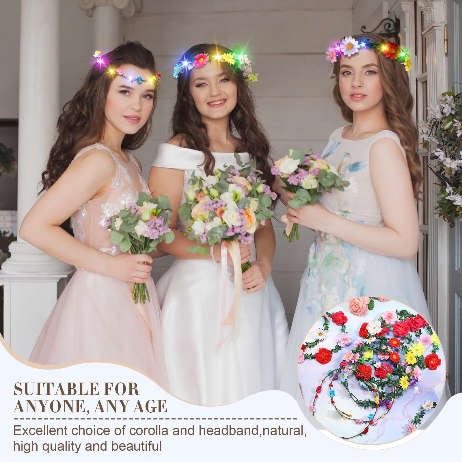 Retrowavy Serre-tête lumineux avec 100 LED - Couronne florale - Accessoires pour cheveux pour femmes et filles - Pour mariage, fête d'anniversaire