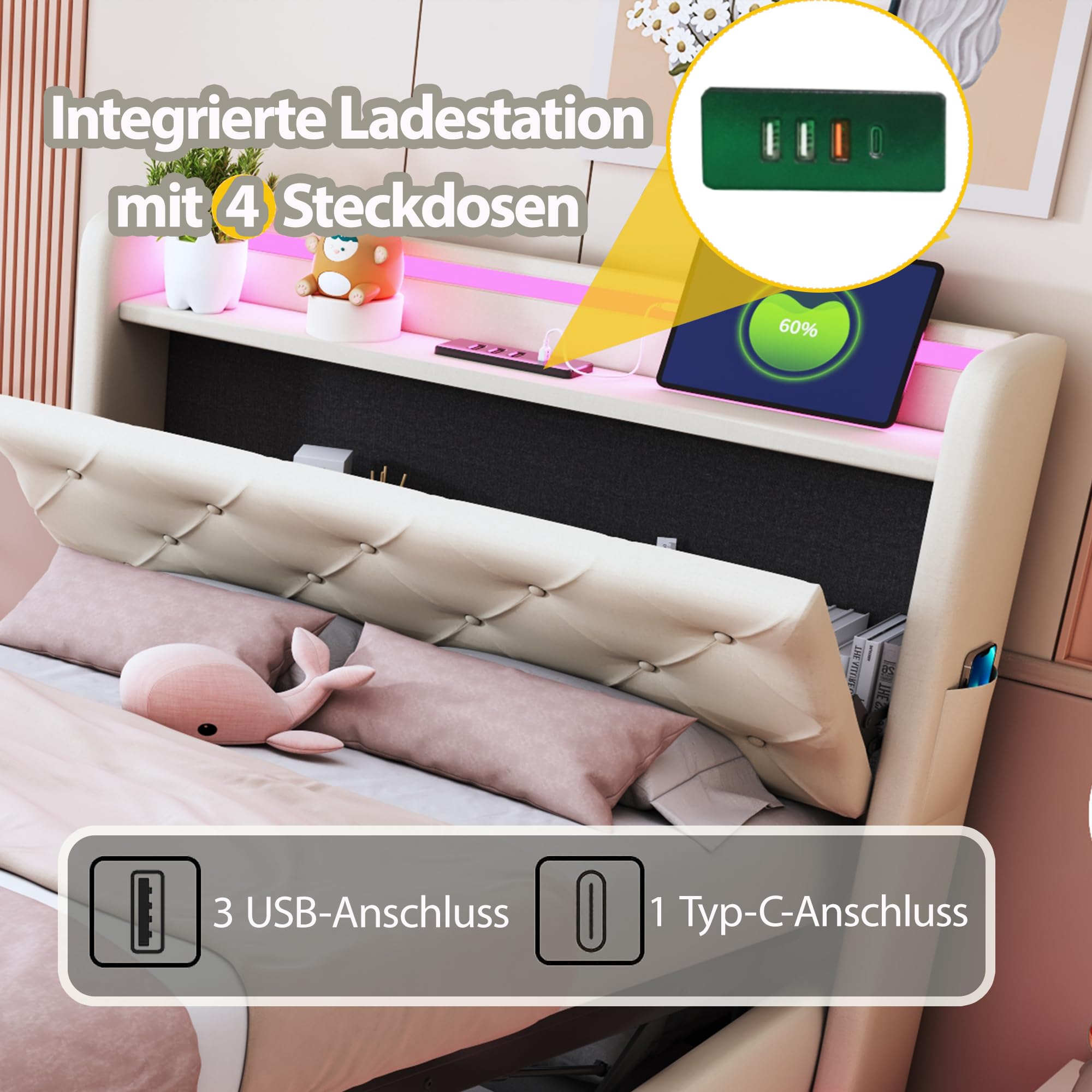 Ymkua Letto Imbottito Letto Singolo 90x200 cm, Bed contenitore con LED e USB Porta, Idraulici Bed frame per Bambini con Struttura Rete a Doghe e Testata Ribaltabile, Linen, Senza Materasso (Beige)