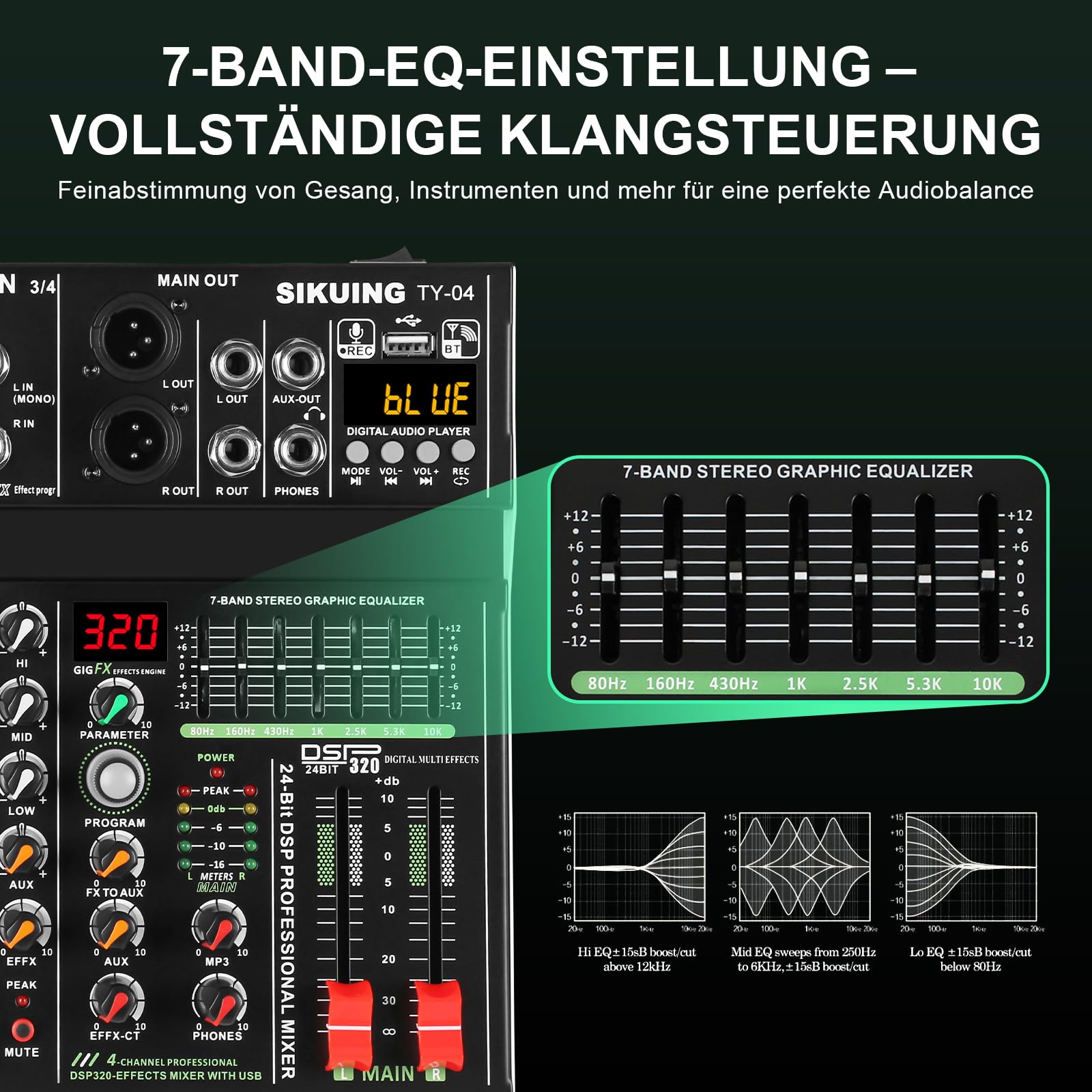 Mixer portatile a 4 canali, mixer audio professionale, 320 effetti DSP + equalizzatore a 7 bande, scheda audio Bluetooth + interfaccia USB, ideale per registrazioni PC, effetti karaoke studio e