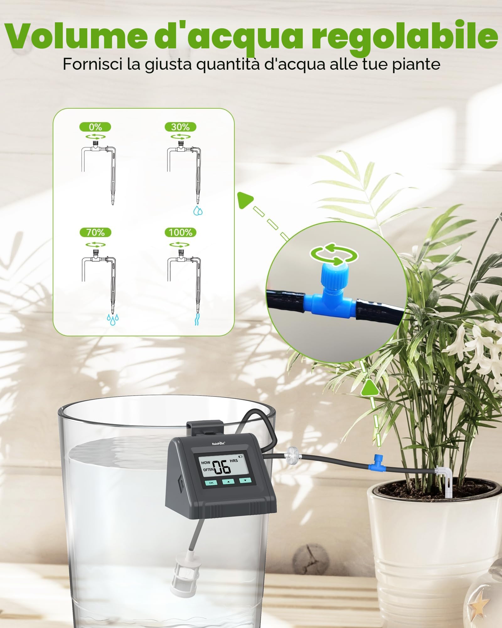 RAINPOINT Sistema di Irrigazione Automatica per Vasi, Portata d'acqua Regolabile, Set di Irrigazione a Goccia Fai-da-te per Piante da Interno, Balcone, Supporta fino a 10 Vasi