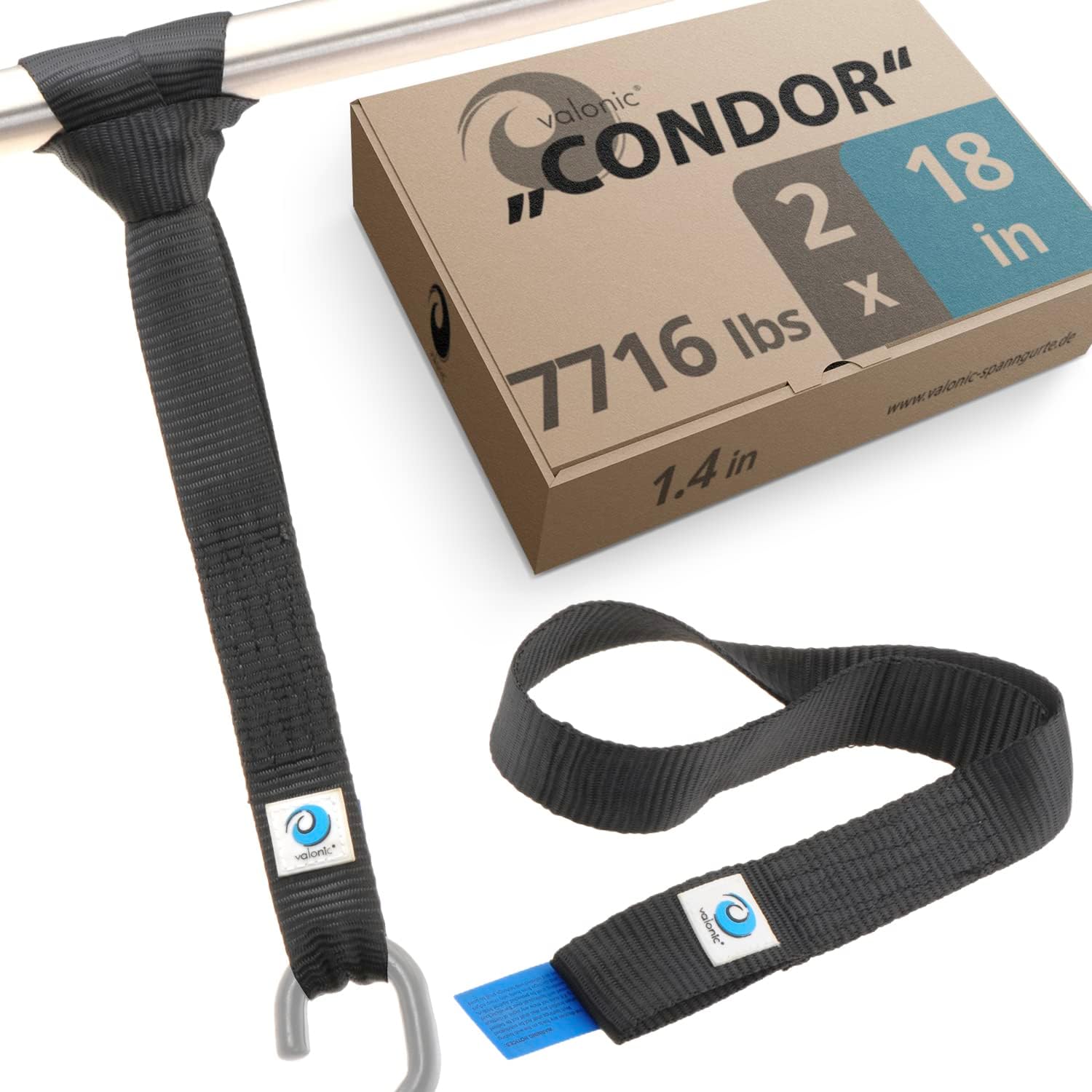valonic Condor - Soft Loop tie Down Straps Heavy Duty - 2 Pack, 7716lbs, 1.4" x 18", Double Stitched, Black - for Motorcycle Handlebar