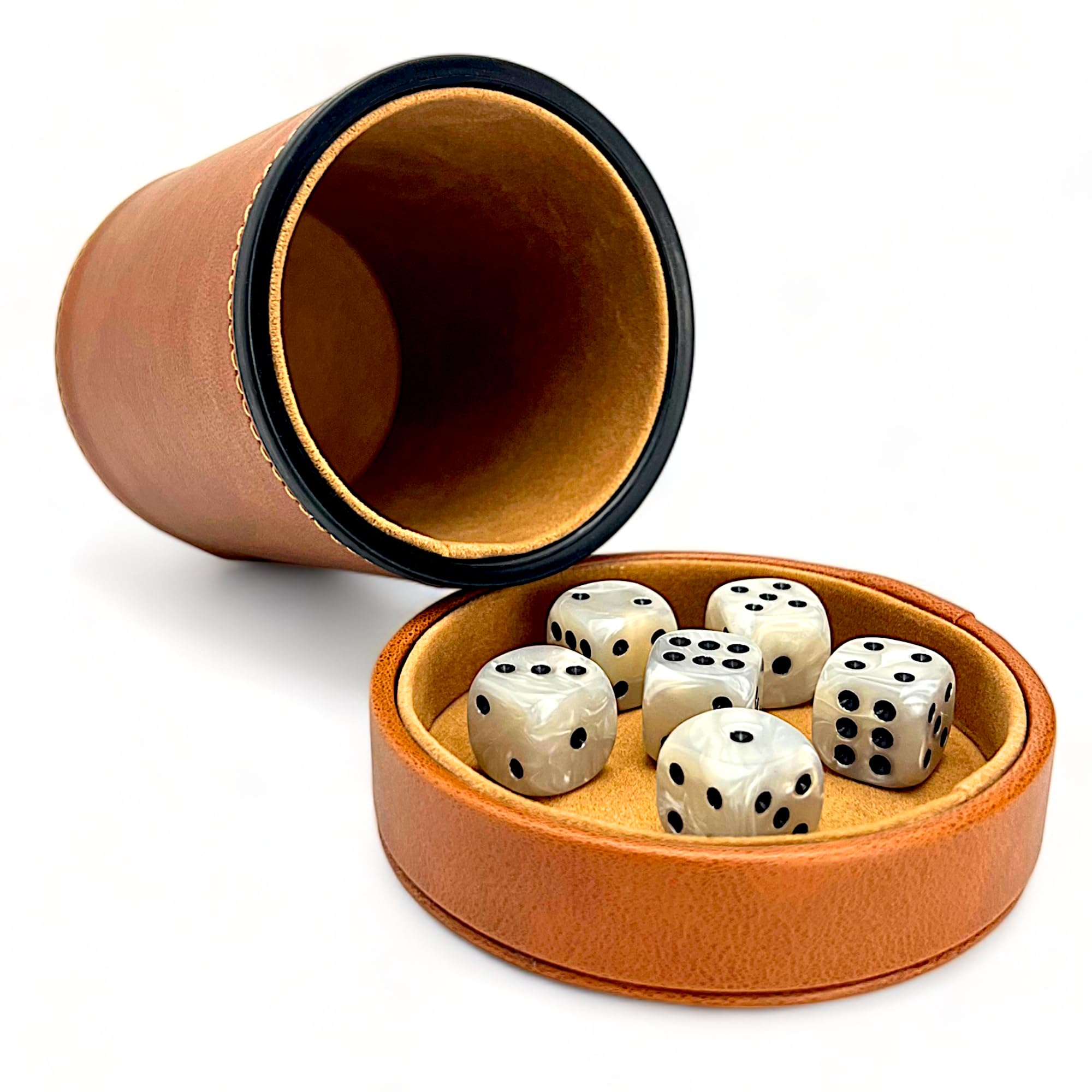 Luck Lab Brown Leather Dice Cup with Lid Including 6 Matching Pearl Dice - Tan Velvet Interior for Quiet Shaking - Use for Liars Dice Farkle Yahtzee Board Games