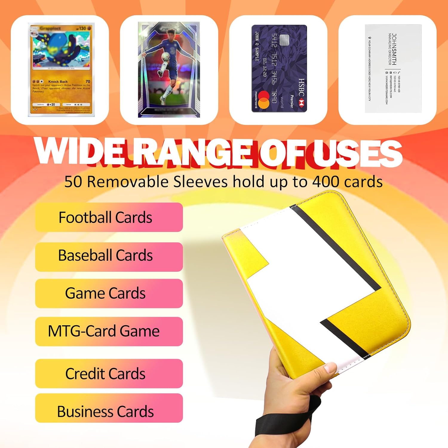 Card Binder 4 Pocket Trading Game Collection Album with 50 Removable Sleeves, Premium PU Holder Zipper, Trading Card Book Holder for Game Cards, Sports Cards, Baseball, Basketball, Football Cards