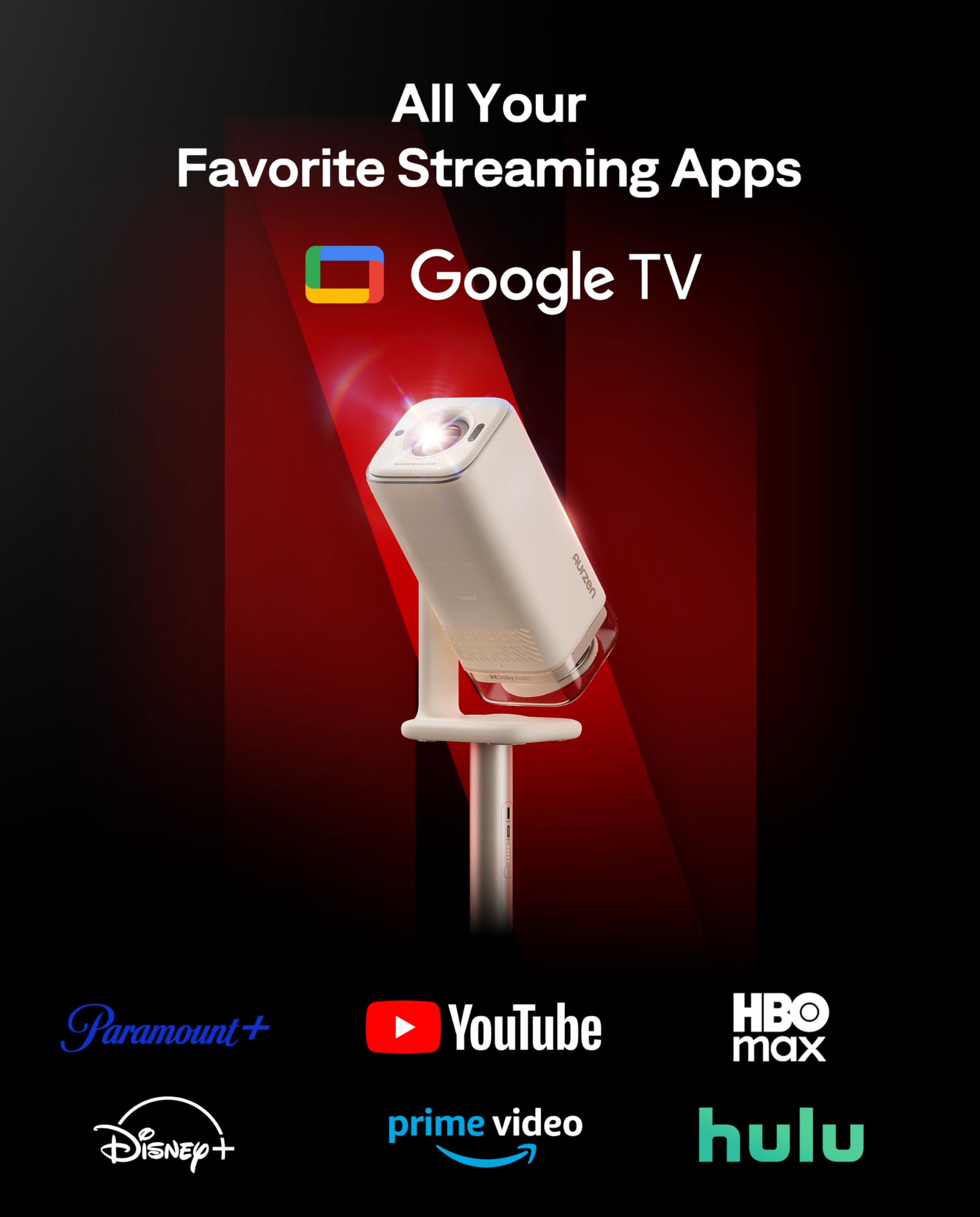 Aurzen BOOM Air Portable Google TV Projector with WiFi and Bluetooth, Smart Projector for Outdoor & Home Movie, USB-C Powered, 4K Supported, Real-Time Focus, Dolby Audio, Adjustable Stand, Off-White