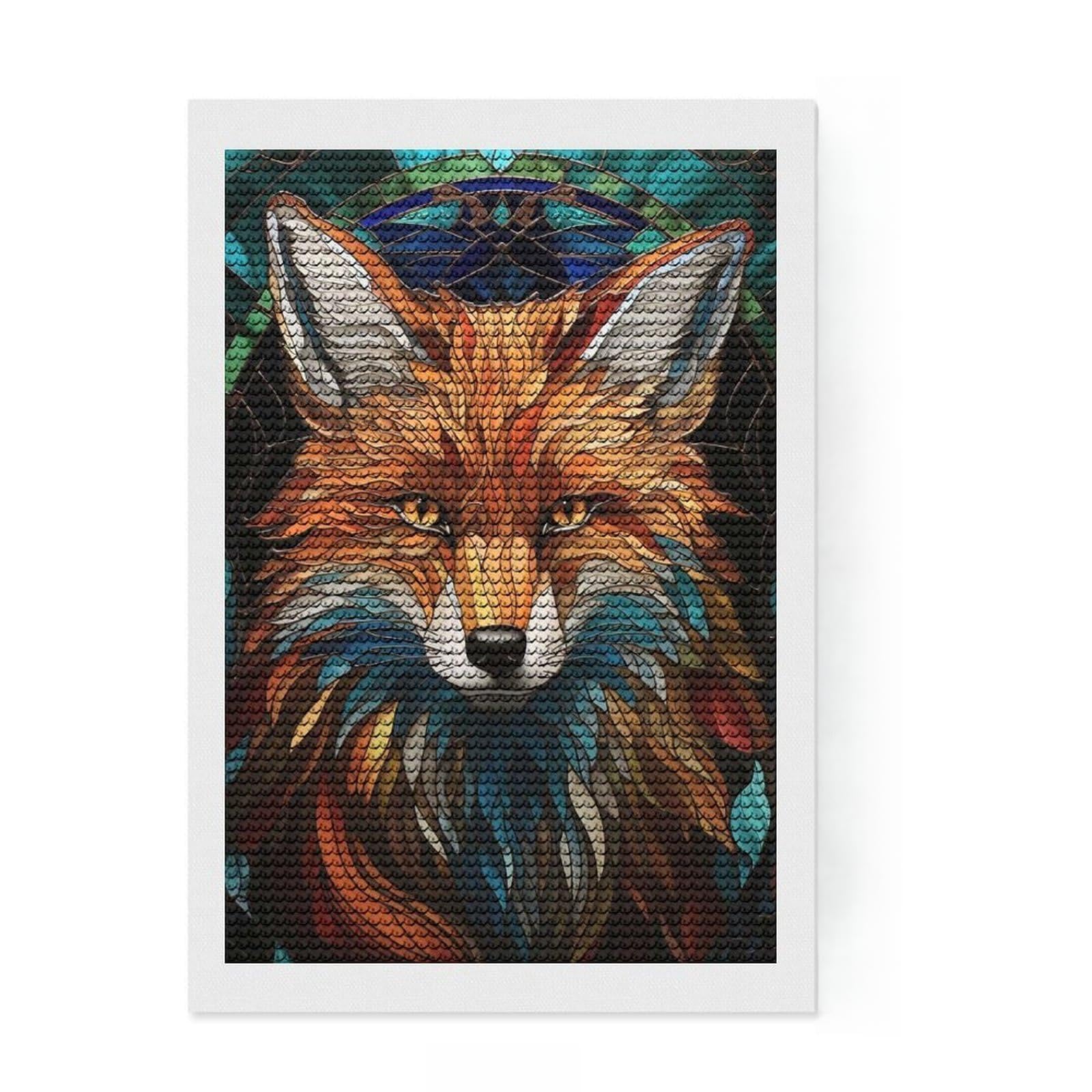 Junmoney Stained Glass Fox Portrait Diamond Painting Set 8"x12", Adhesive Canvas, Finish and Display, Office Decor, Birthday Gift, Sparkling Round Gems