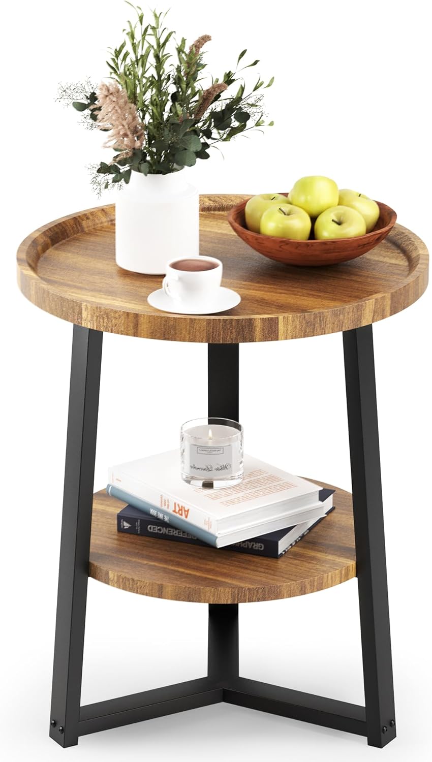 BLACK AND WOODEN COLORED PPAMAPIC Round End Table, 2 Tier Side Table with Storage Shelf, Nightstand Accent Table for Living Room Bedroom Small Space, Black Metal Frame, 19.7 D x 23.6 H, Rustic Brown