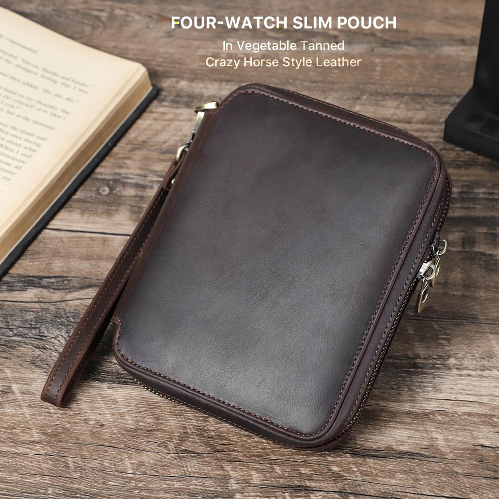 CONTACTS Étui de rangement fin en cuir véritable avec fermeture éclair et sangles de fixation pour montres - Café - 4 emplacements