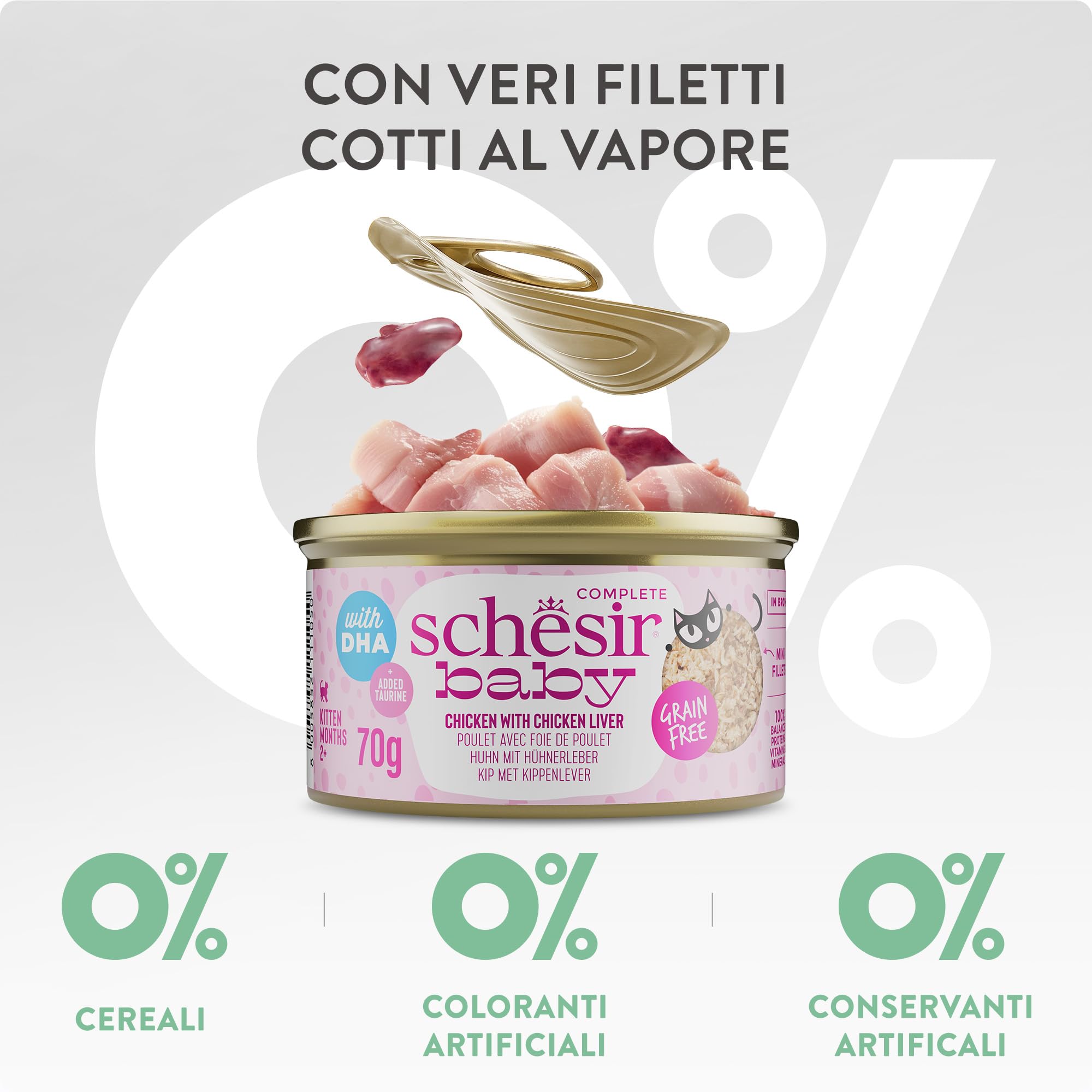 Schesir Baby, Filetes de Pollo con Hígado en Caldo, Alimento Húmedo Completo para Gatitos, Sin Cereales, con DHA y Taurina, Rico en Hidratación, 12 x 70g