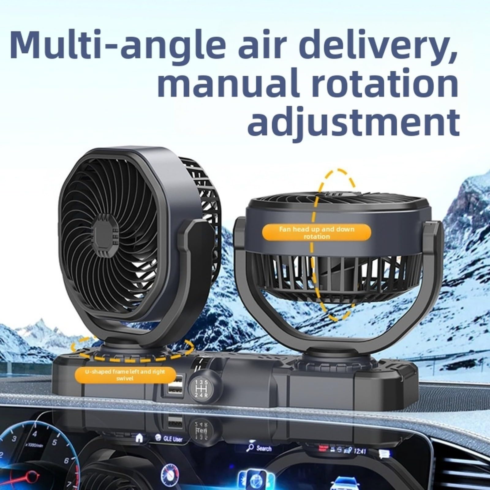 Ventilador de coche de doble cabezal 12 V 24 V con función giratoria automática y puerto USB, funcionamiento silencioso para camiones, coches, camping, gris (B)