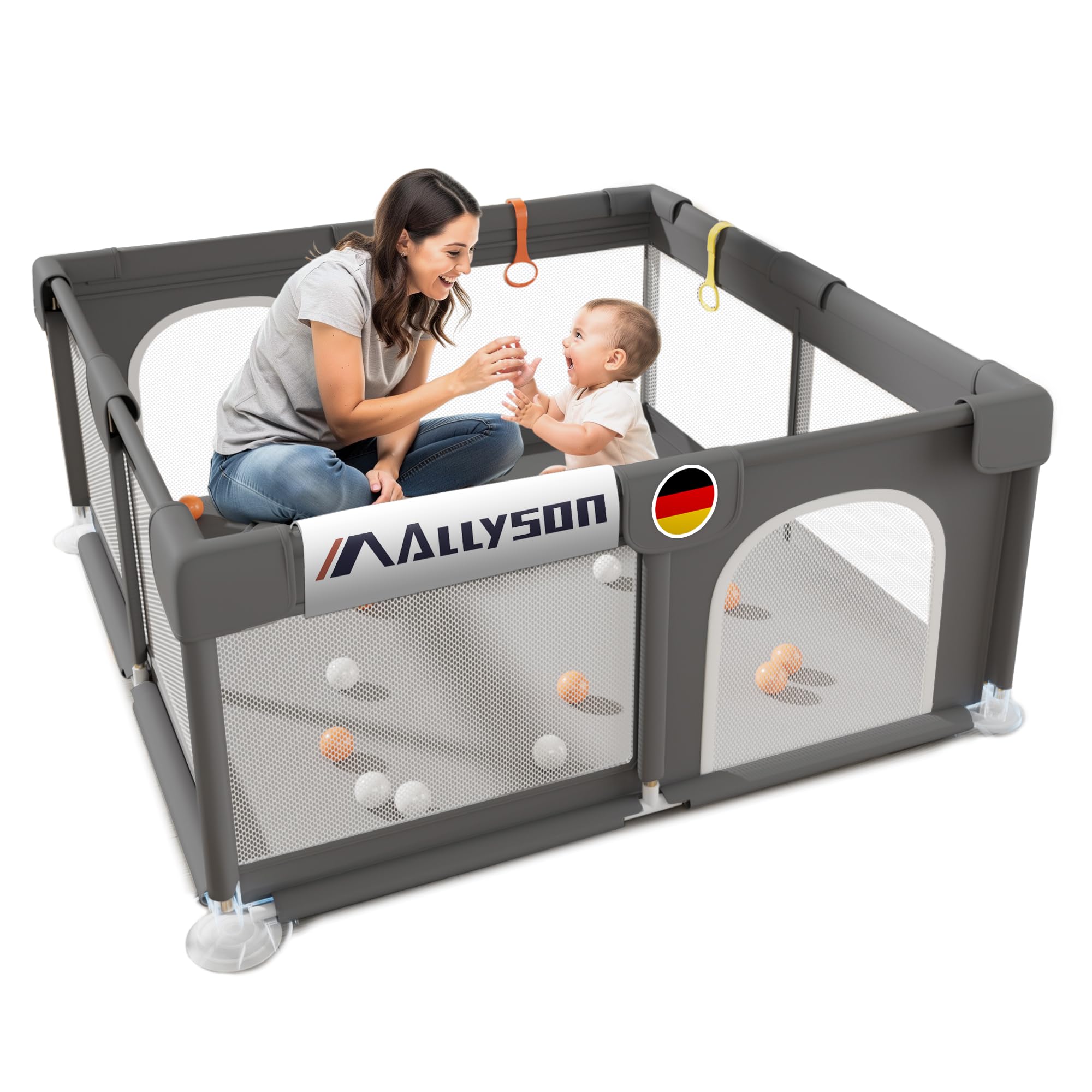 Allyson® Laufstall faltbar mit Matte 130x130, Großes Laufgitter & Playpen sicher & stabil, Kinderlaufstall Indoor & Outdoor, Spielgitter Zaun, tragbarer Laufstall klappbar (130x130 Dunkel Grau)