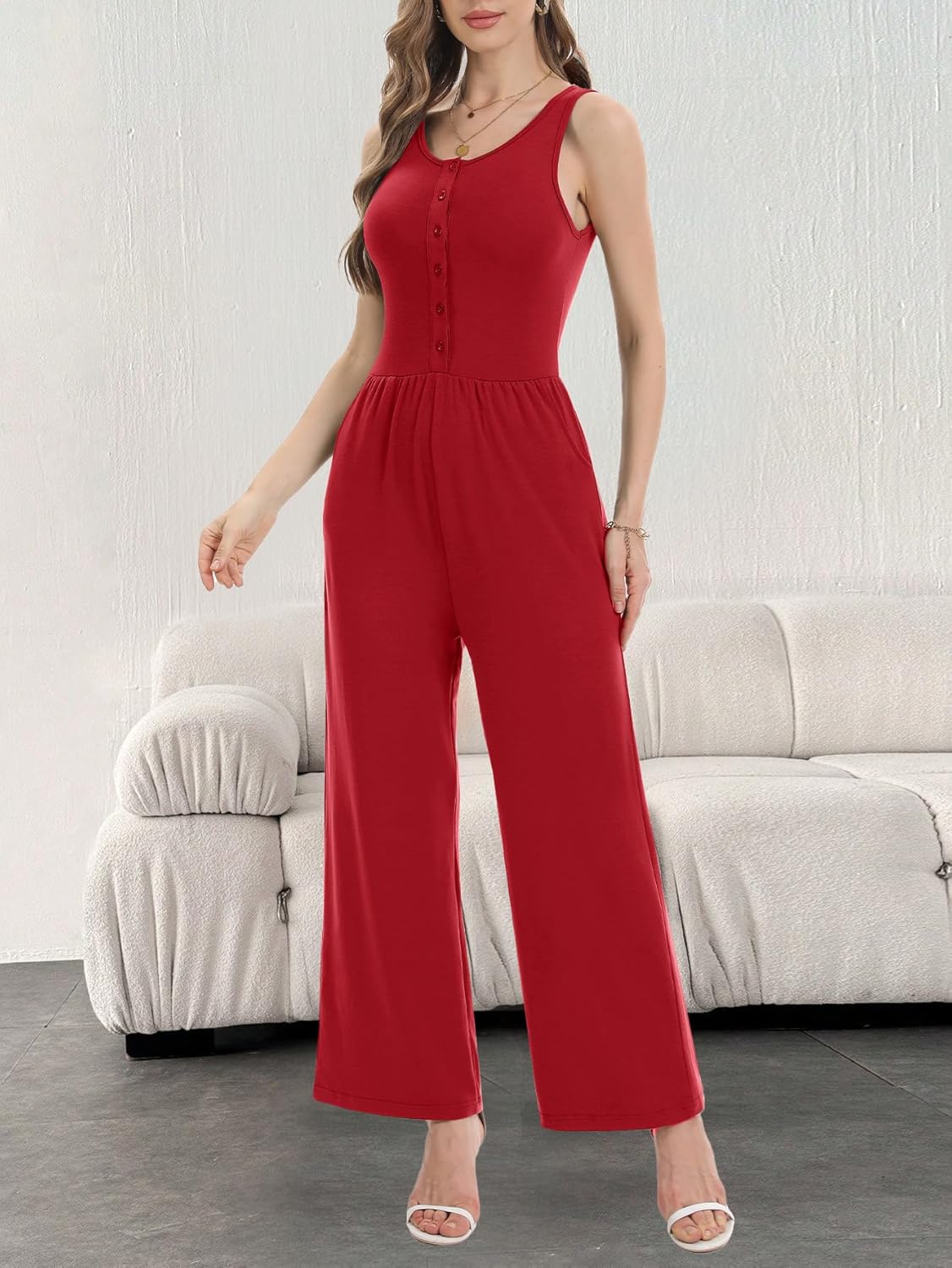 AUXDIO Women's Casual Sleeveless Jumpsuits One Piece Tank Crew Neck 2025 Wide Leg Pant Romper with Pocket - Image 6