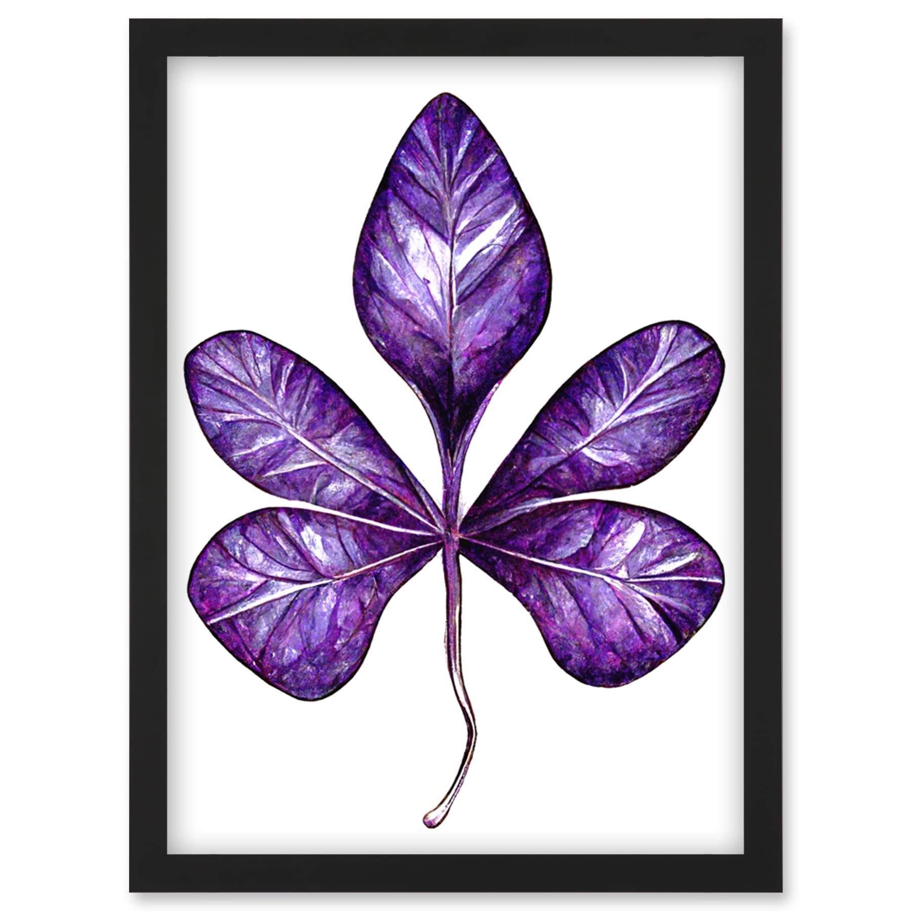 Money Tree Leaf A4 Framed Wall Art Print - Purple on White Modern Simple Illustration - Artery8