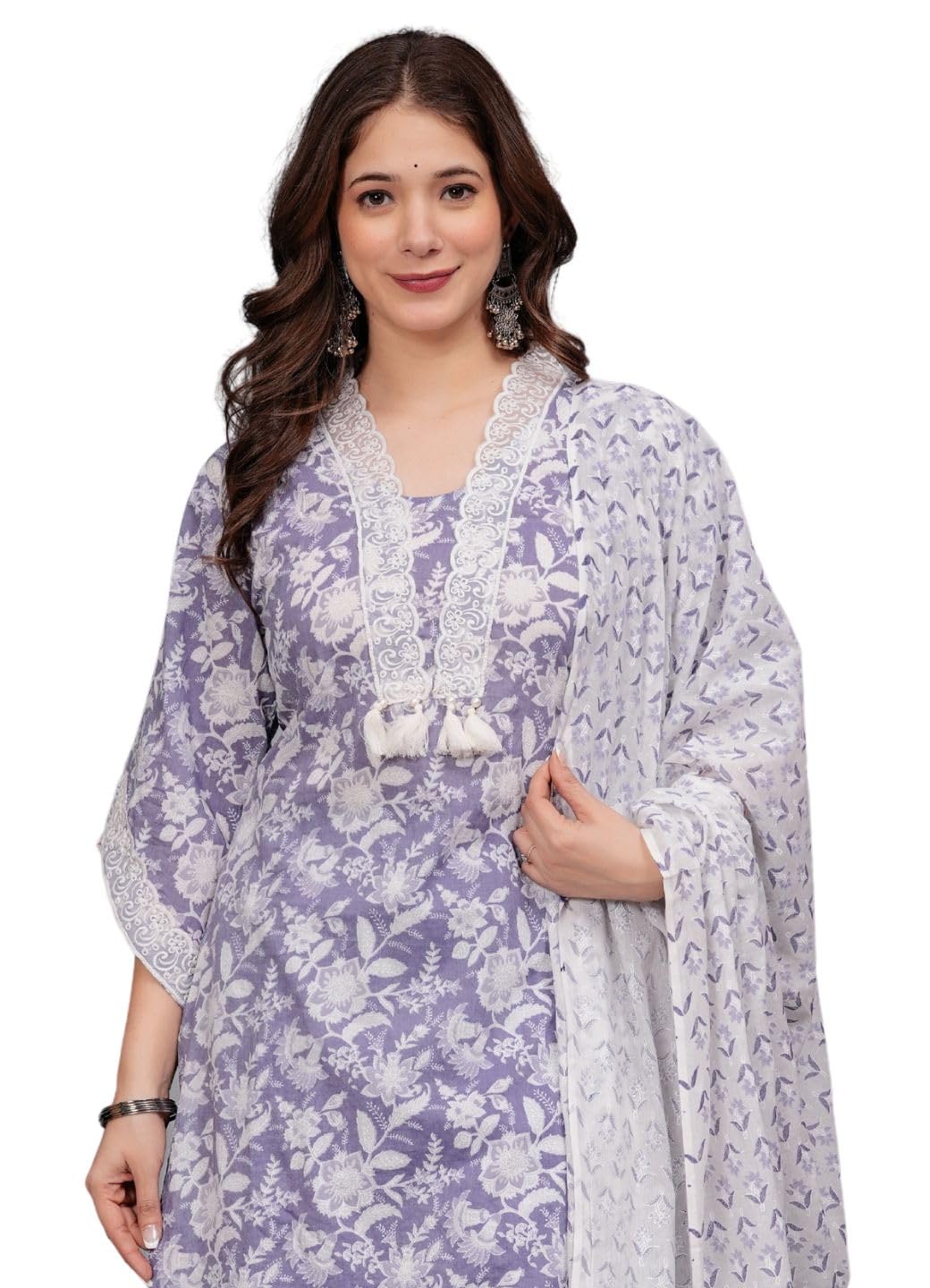 amayra Women's Pure Cotton Printed Straight Kurta Set with Palazzo Pants & Dupatta- Ethnic Wear, Purple-picture-22