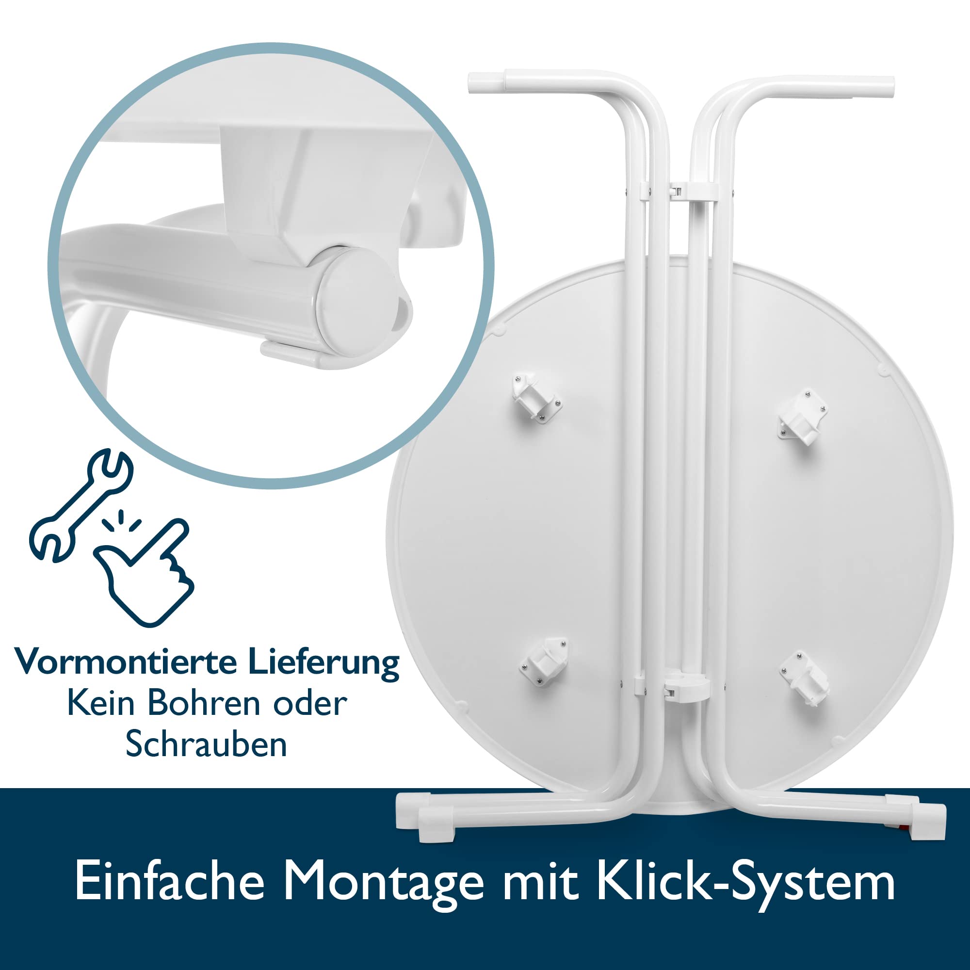 Beautissu Stehtisch Klappbar 80 cm Sylt – Stehtisch Outdoor Höhenverstellbar Hitze- & Wetterbeständig leichte Montage TÜV – Klapptisch Partytisch Kratzfest Bartisch Bistrotisch Outdoor Rund Weiß