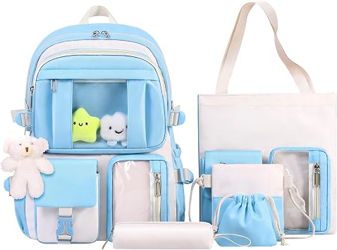 Kawaii Backpack 5-Piece Set for School, Cute Aesthetic Backpack, Shoulder Bag, Handbag, Drawstring Bag and Pencil Case, lightblue, standard size