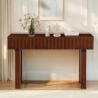 HMFULE 52" Solid Wood Console Table for Entryway, Modern Sofa Table Behind Couch with 3 Drawers, Farmhouse Sofa Tables for Living Room, Hallway, Foyer, Easy Assembly, Cherry