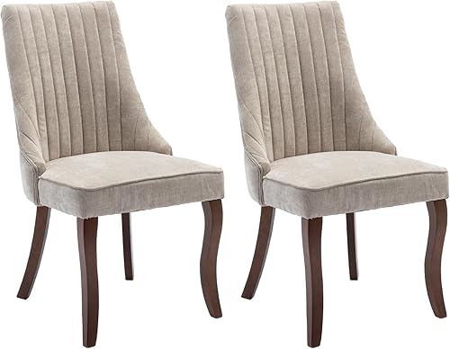 Miniatura 34 de Juego de 6 sillas de comedor, sillas de comedor de cocina con canales de lino con patas curvadas de madera maciza, silla de comedor tapizada de tela