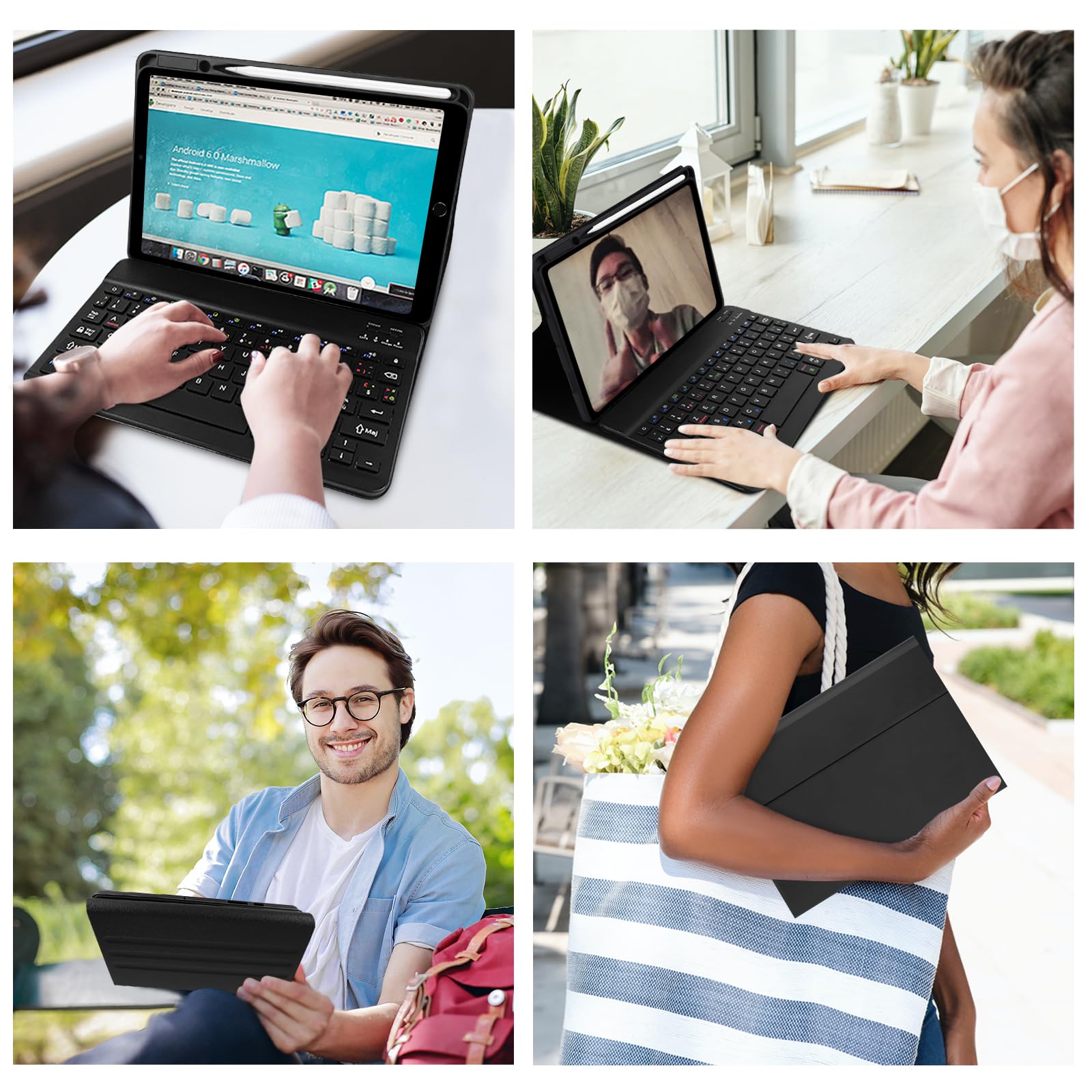Clavier iPad 9 ème Generation, Coque Clavier Compatible avec iPad 9/8/ 7 ème Génération (Modèle: A2602, A2604), AZERTY (Disposition Française) (iPencil Non Inclus), Noir