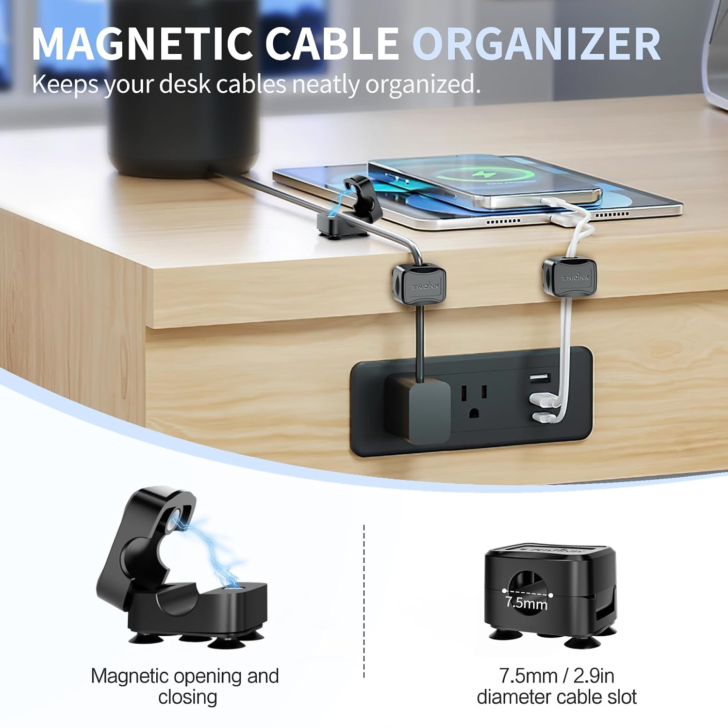 6-Piece Magnetic Cable Clips Set with 6 Silicone Suction Cups for Cable Management | Magnetic Cord Holder and Organizer Keeper for Home Office, Desk, Phone, Car, Wall, and Nightstand