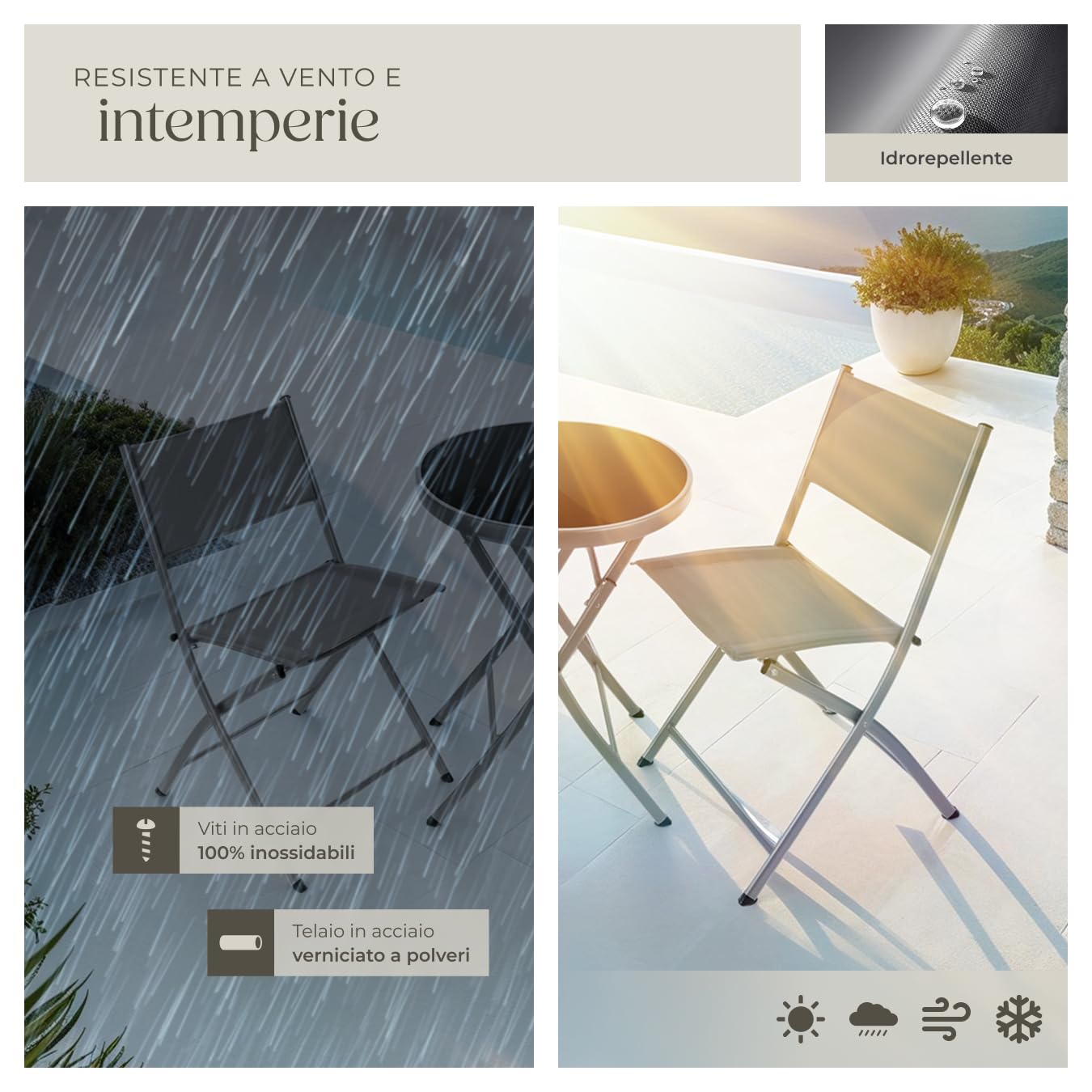 Set da Balcone Düsseldorf Tavolino Salotto con Piano in Vetro e 2 Sedie Mobili da Giardino con Telaio in Acciaio Richiudibile Trasportabile Design Moderno Grigio