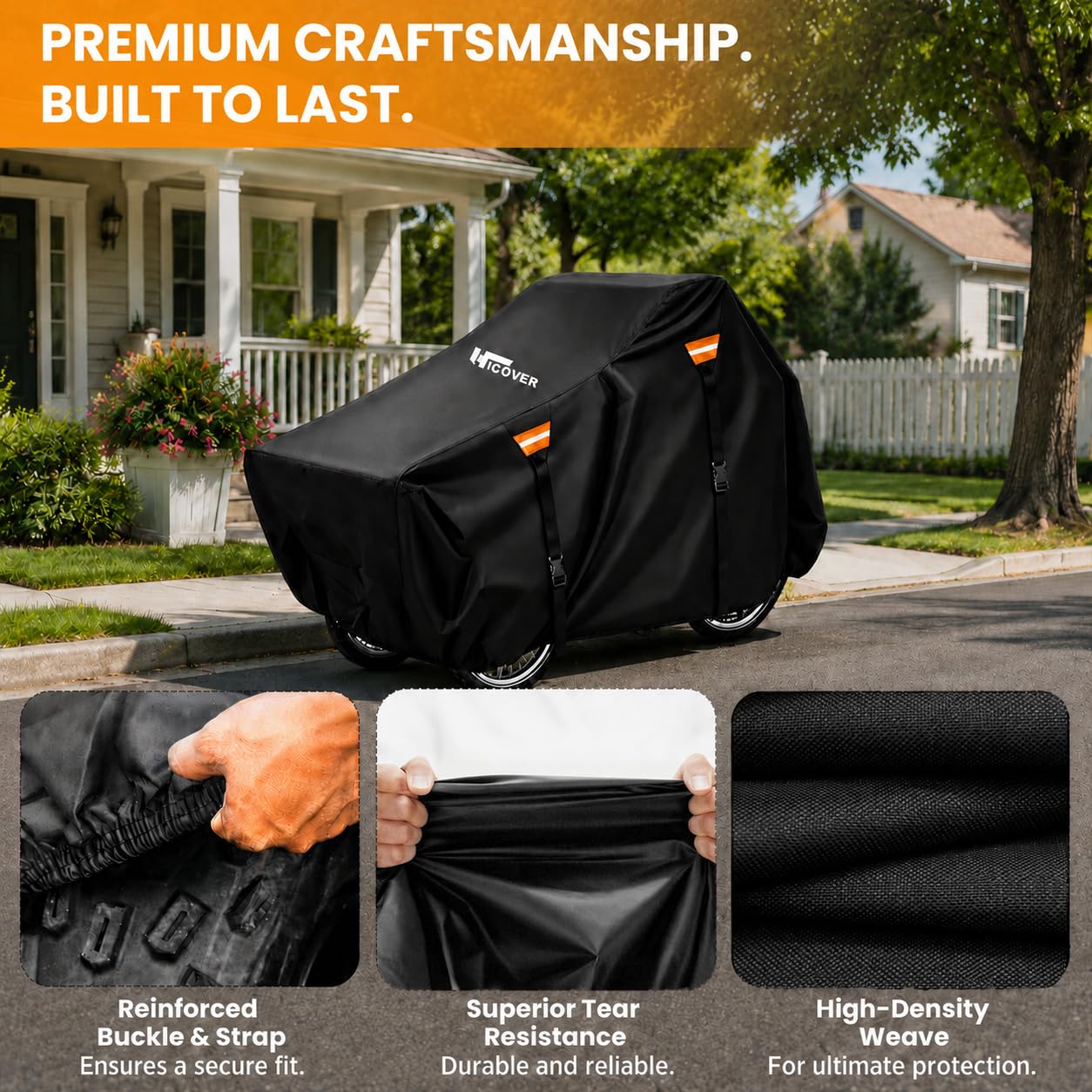 Housse de vélo cargo d'extérieur HICOVER 600D très résistante - Étanche - Protection UV - Pour tricycle adulte - Avec triangle coupe-vent et bande réfléchissante