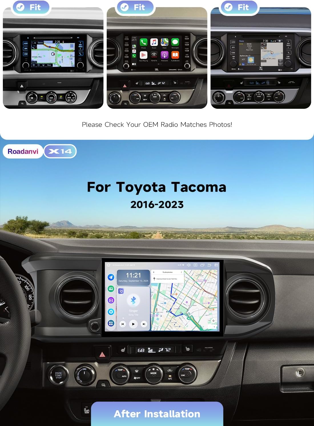 Roadanvi Android 14 11.6" Head Unit for Toyota Tacoma 2016-2023, Wireless CarPlay & Android Auto,6GB+128GB Gyro GPS Navigation, Car Radio,Plug and Play Stereo,knobs, Gray,X14 Series