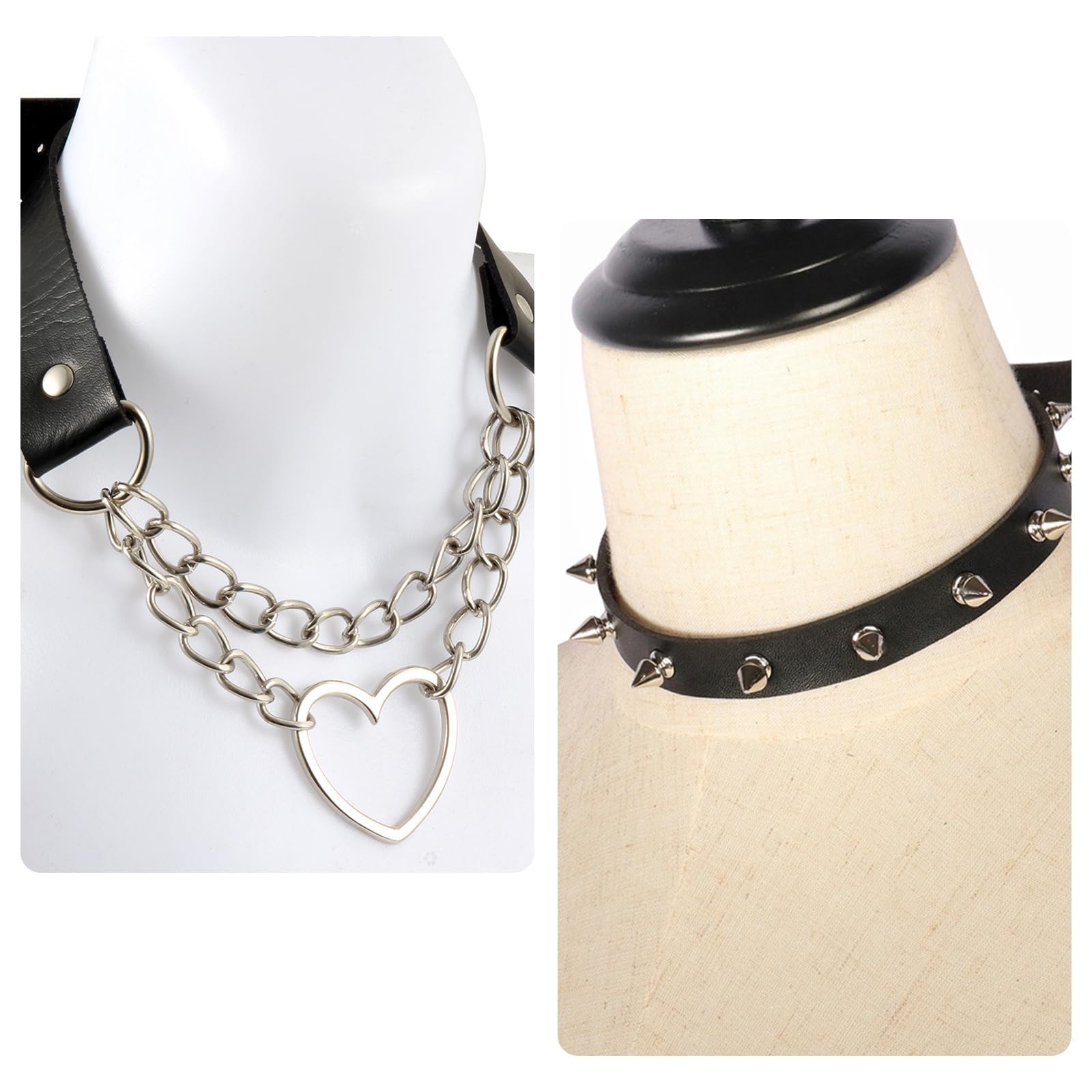 2PCS Vintage Gothic Punk Choker, Nero Borchiato In Pelle, Cuore In PU - Collana Regolabile
