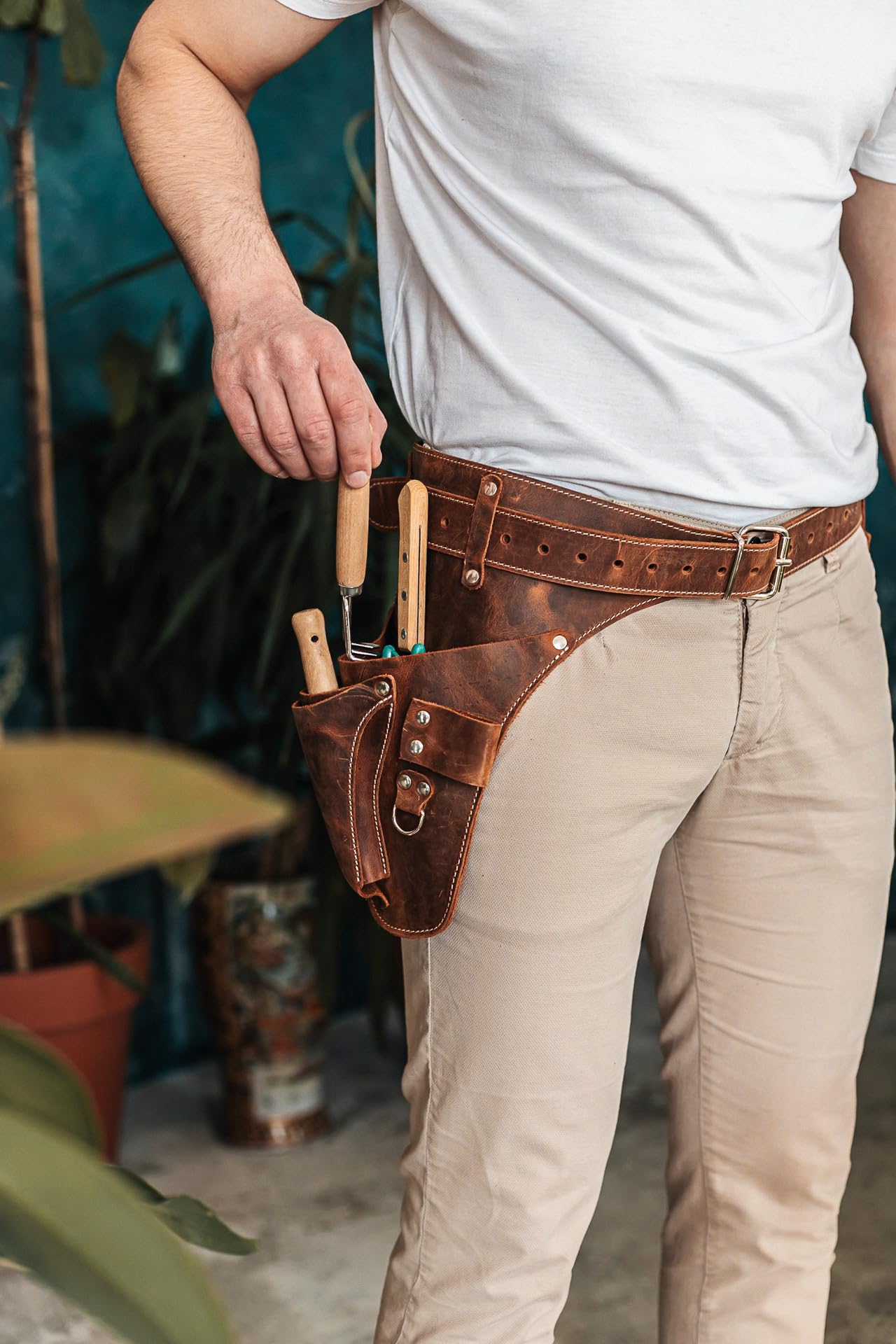 Ceinture à outils de jardin en cuir pour homme, fabriquée à la main, pour jardiniers, électriciens et menuisiers, ceinture à outils de fleuriste en cuir marron, ceintures de construction