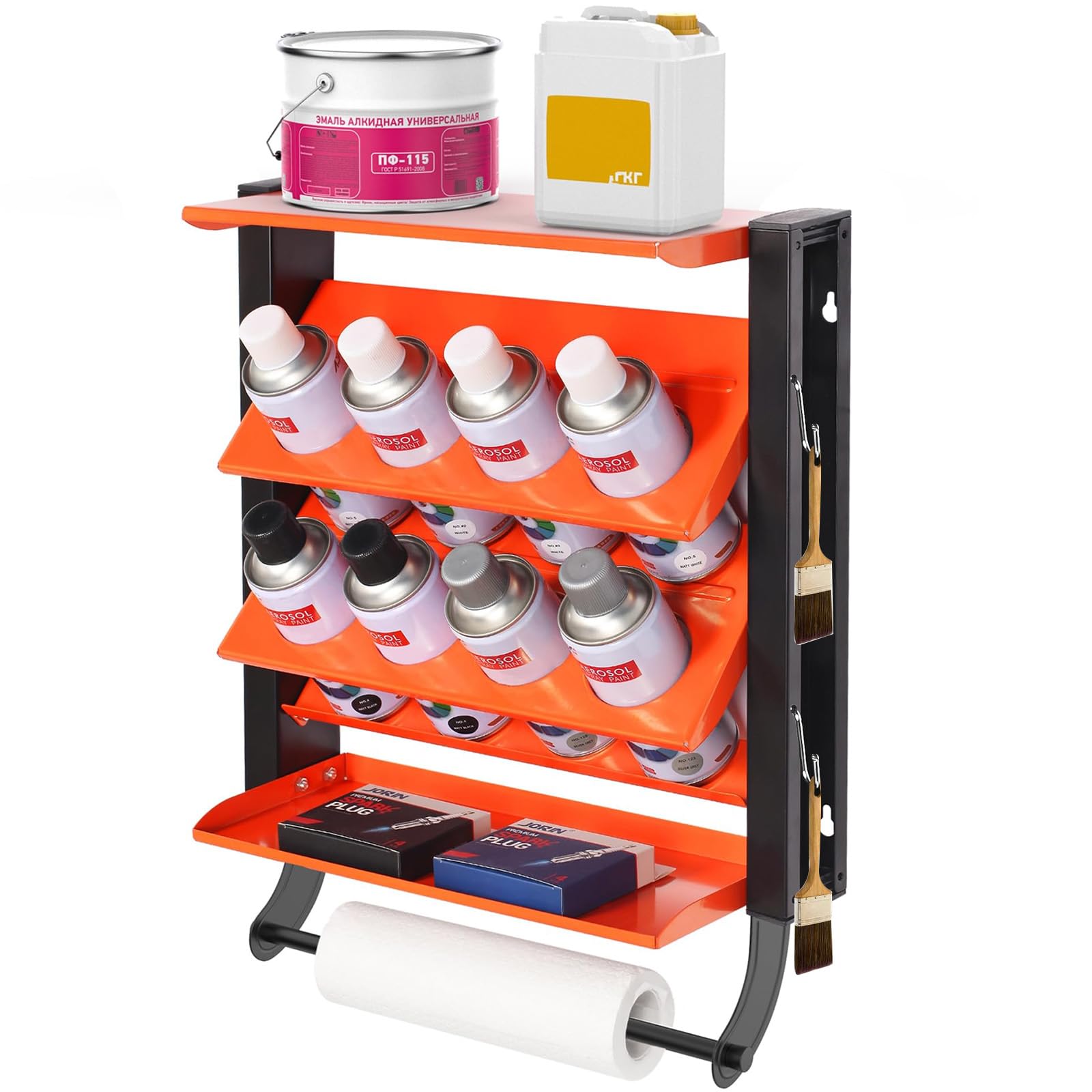 Soporte de pared con 2 niveles, bote de aerosol organizador para 8 latas, soporte de pared de metal con estantes y ganchos, soporte para botellas de pintura para garaje, taller y hogar