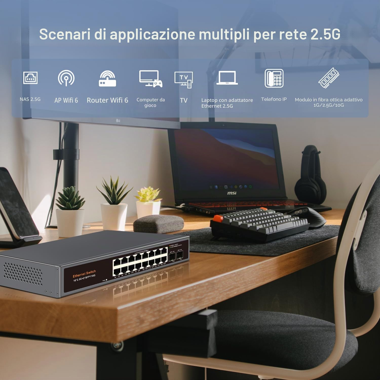 Switch Ethernet non gestito a 18 porte 2,5 G, porte RJ45 16 × 2,5 G, 2 × 10G SFP+ Uplink, supporta 100/1000/2500 Mbps, involucro metallico senza ventole, plug & play, ideale per AP wireless