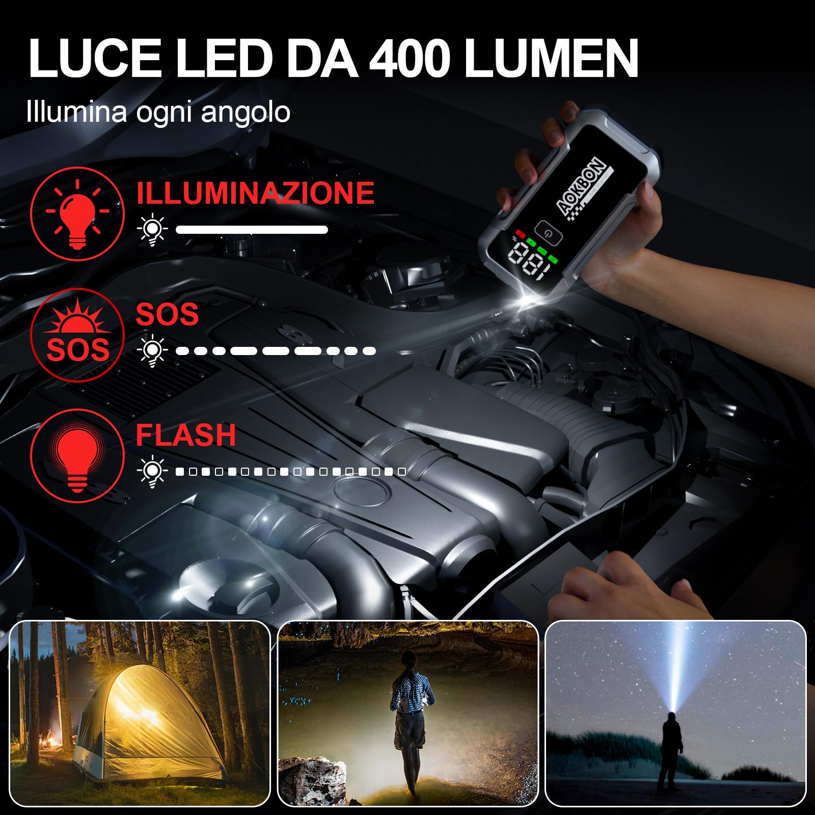 Avviatore Batteria Auto 7000A Avviatore di Emergenza per Auto Moto Fino All Ges 10,0L Diesel 12V Starter Batteria Portatile con Torcia a LED