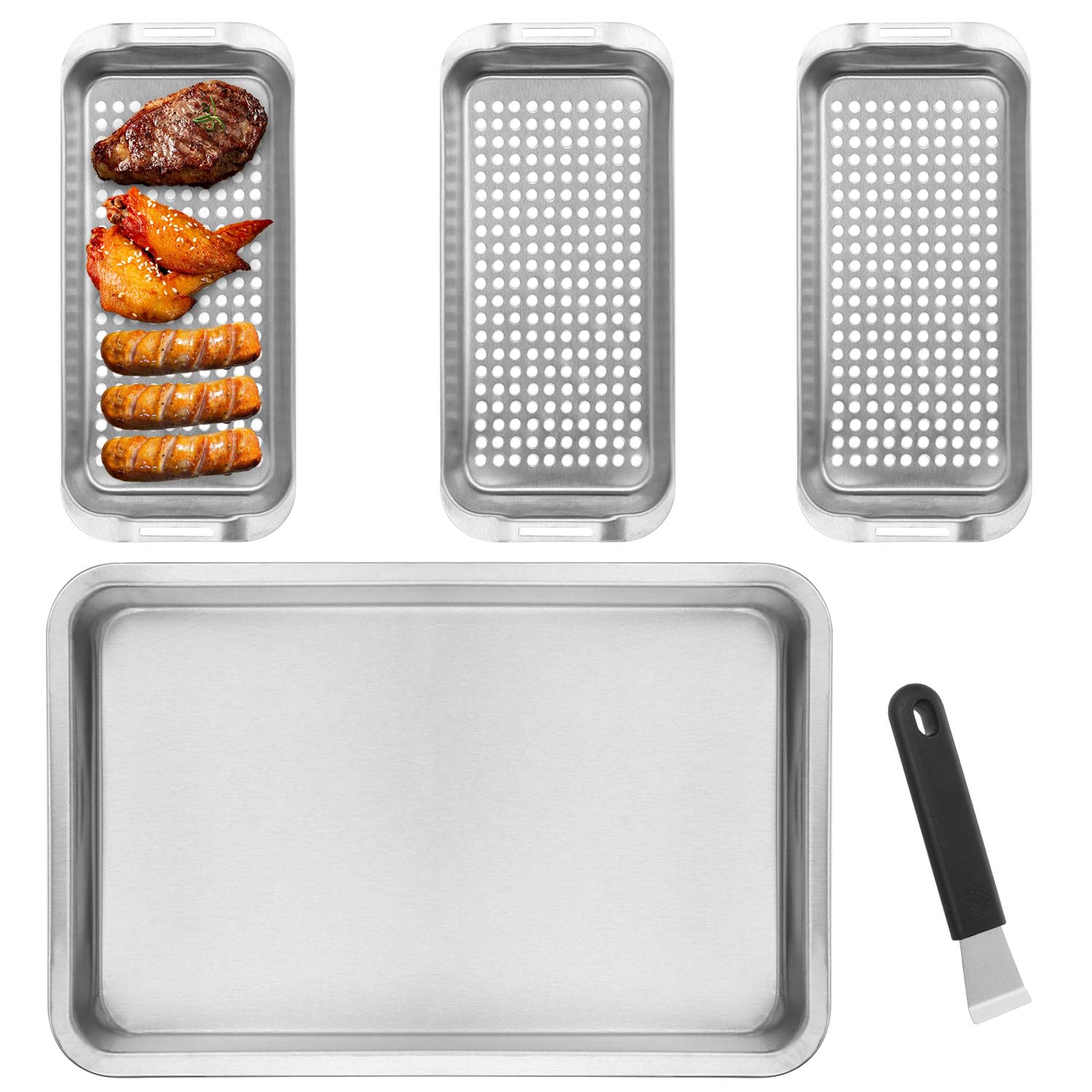 Biugaaufai 5 Pack Stainless Grill Basket Set, 16.6 x 11.1 Inch Outdoor Grill Basket with Clip-on Handle, Grill Pans for Outdoor Grill, Griddle Accessories for Camping, Picnic,BBQ