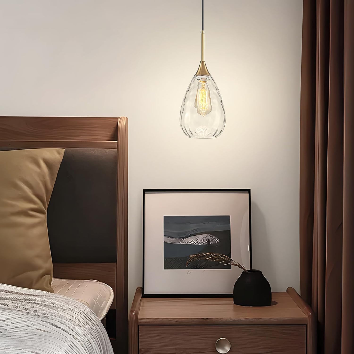 6.3" Gold Glass Pendant Lights,with Clear Water Ripple Glass Shade,Adjustable Height,Perfect for Kitchen Islands,Over Sinks,Dining Rooms,Bars (1-Light)