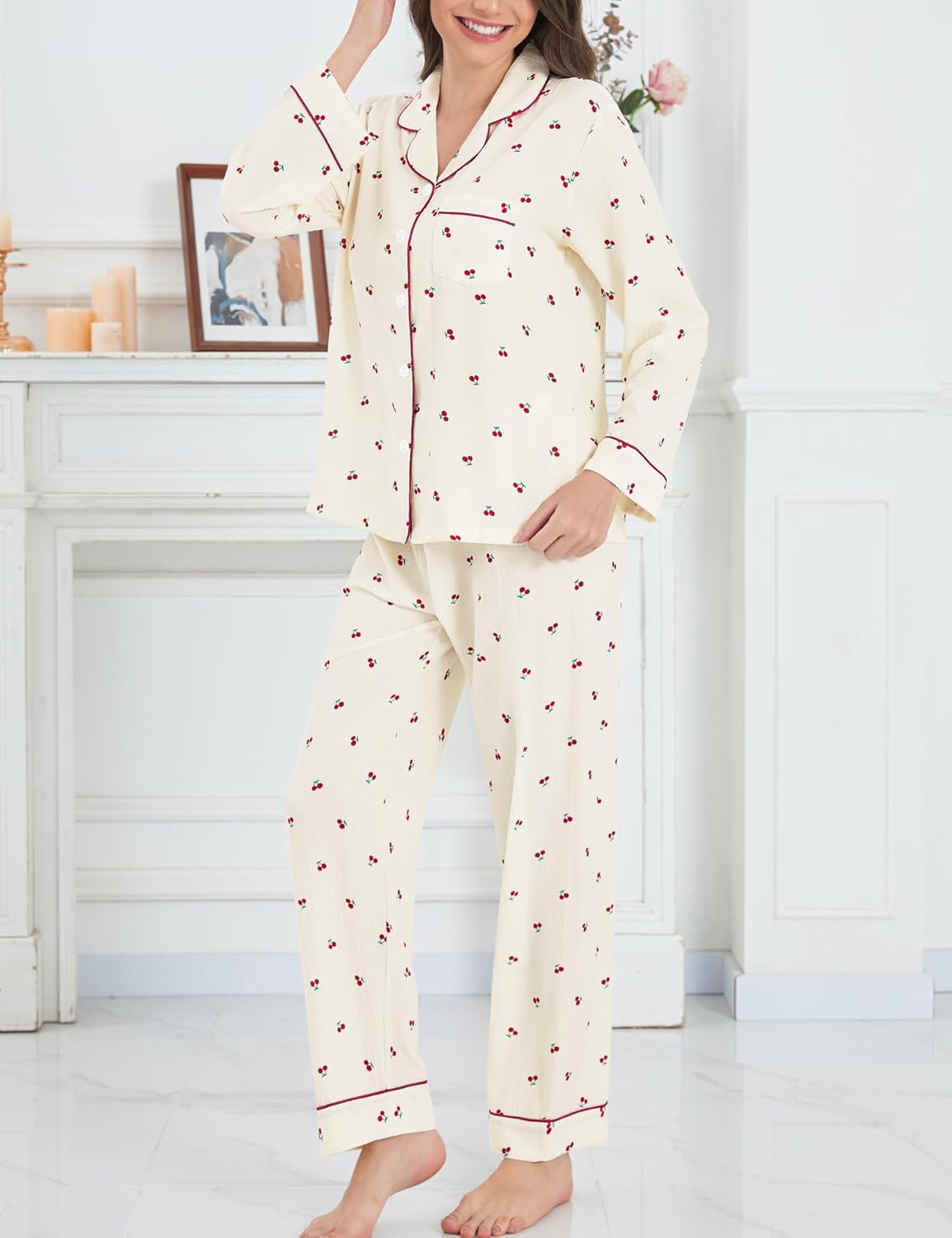 SWOMOG Pajamas for Women Sets 2 Piece Button Down Printed Pjs Long Sleeve Shirt and Pants Fall Sleepwear Cute Loungewear - Image 3