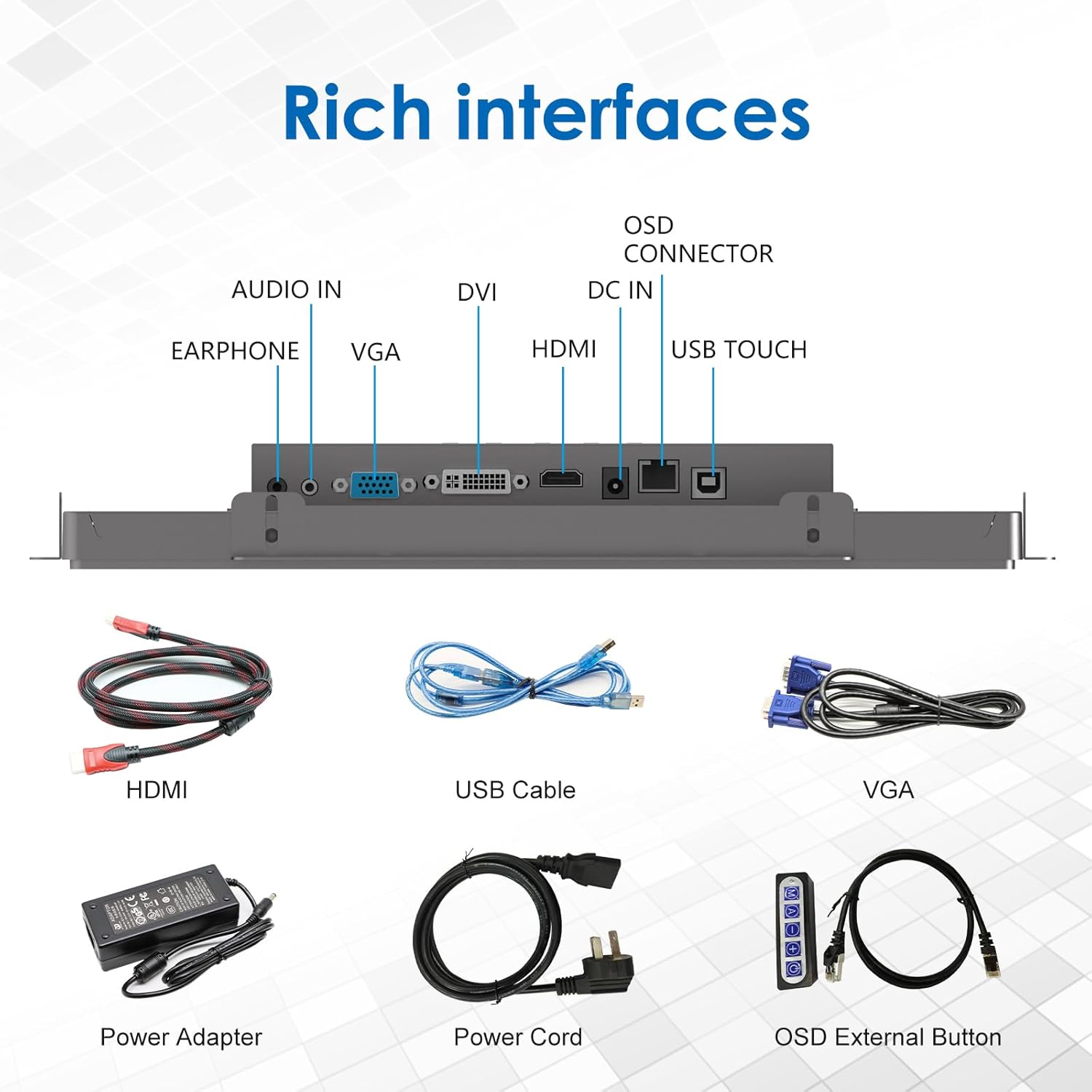 Image showing included accessories: HDMI cable, USB cable, VGA cable, Power Adapter, Power Cord, OSD External Button