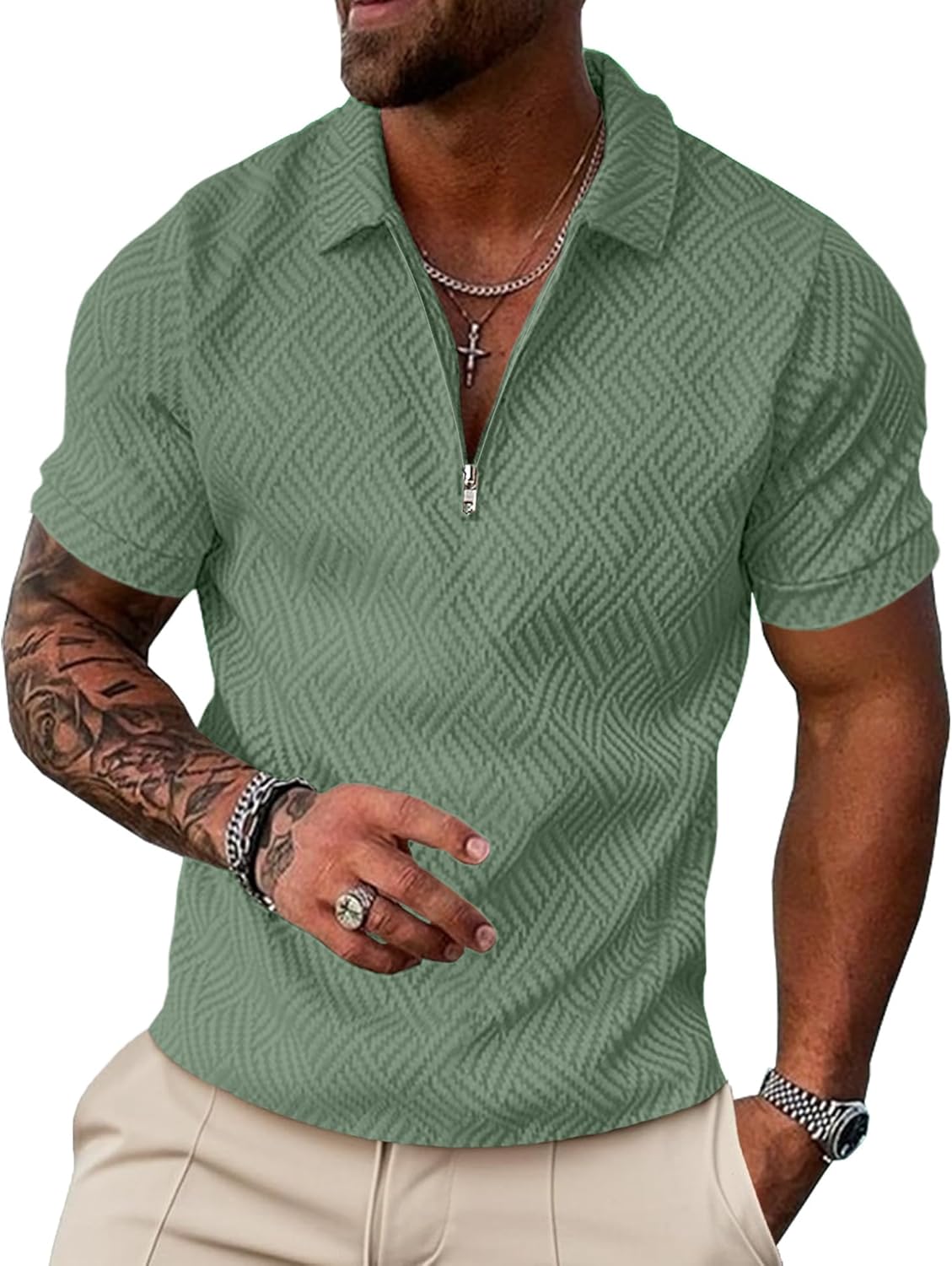 UOUA Men's Zipper Polo Shirts Short Sleeve Sweatshirts Soild Color Tops Striped Texture Casual Golf T