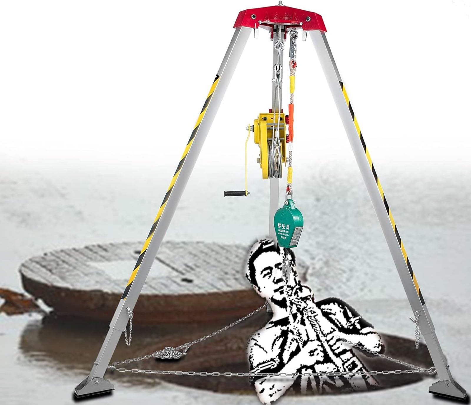 Rettungsstativ mit Seilwinde, robustes Feuerstativ für Schacht-/Abwasserbrunnen, inklusive Sicherheitsgurt, Füße, Beine